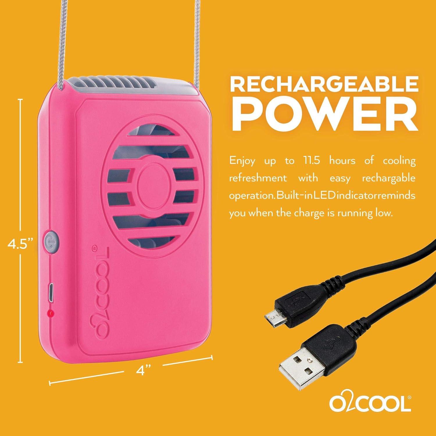 O2COOL Personal Travel Rechargeable Battery Powered Neck Cooling Fan (Raspberry)