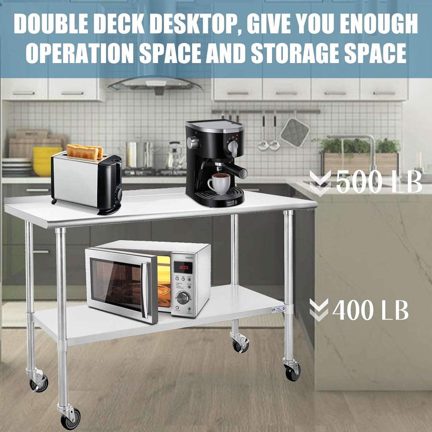 Stainless Steel Table with Wheels 24 x 60 Inches Metal Prep Table with Adjustable Undershelf for Commercial Kitchen, Outdoor, Restaurant, Hotel & Garage