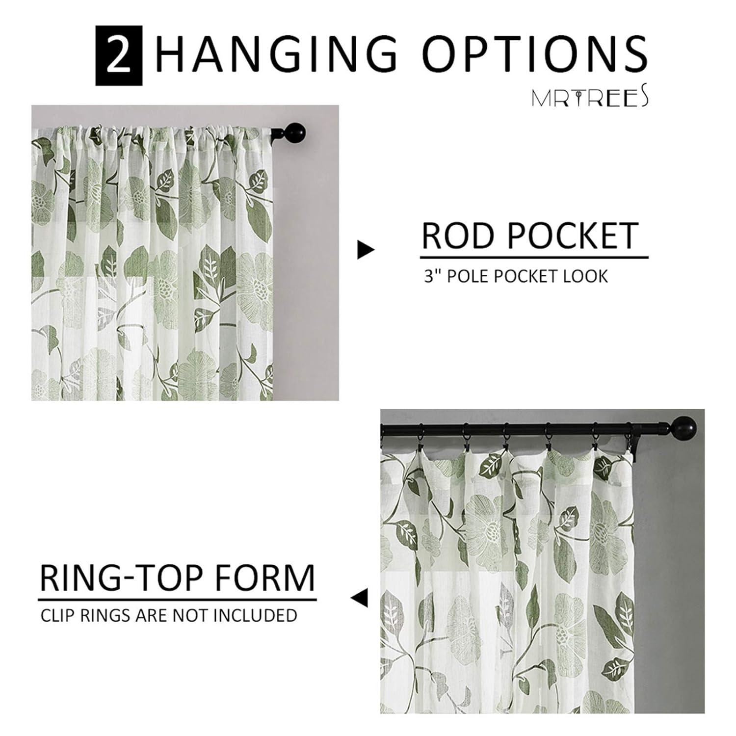 MRTREES Sheer Curtain Panels, Voile Sheer Curtains Drapes Rod Pocket, Flower Printed Embroidery Window Curtain Treatments for Bedroom Living Room Bathroom Window(2 Panels, 54x45 Inches, Olive)
