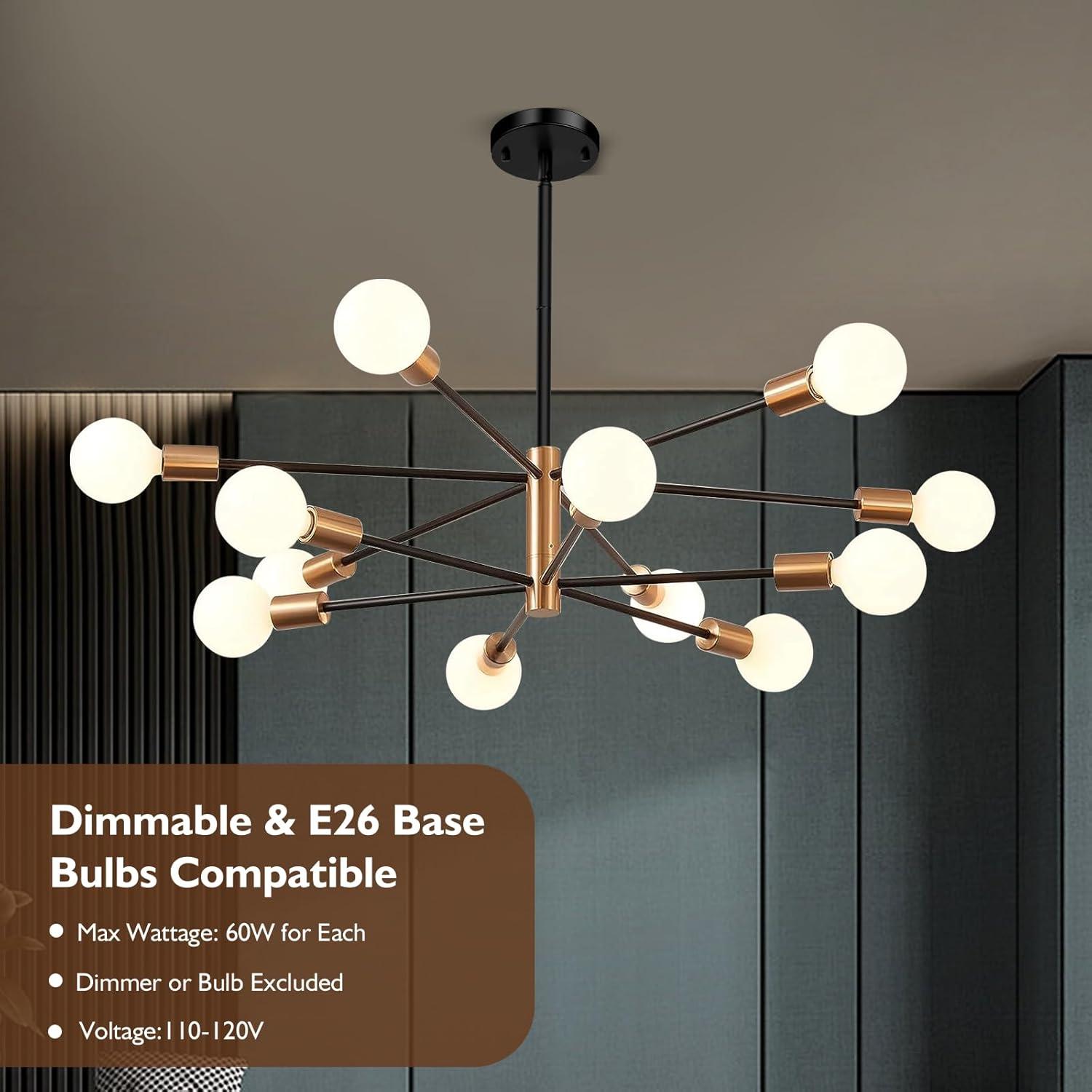 Modern Sputnik Chandelier Ceiling Light Fixture 12-Light E26 Industrial Chandeliers Black Gold Farmhouse Chandelier Height Adjustable Chandeliers for Dining Room, Living Room, Kitchen Island