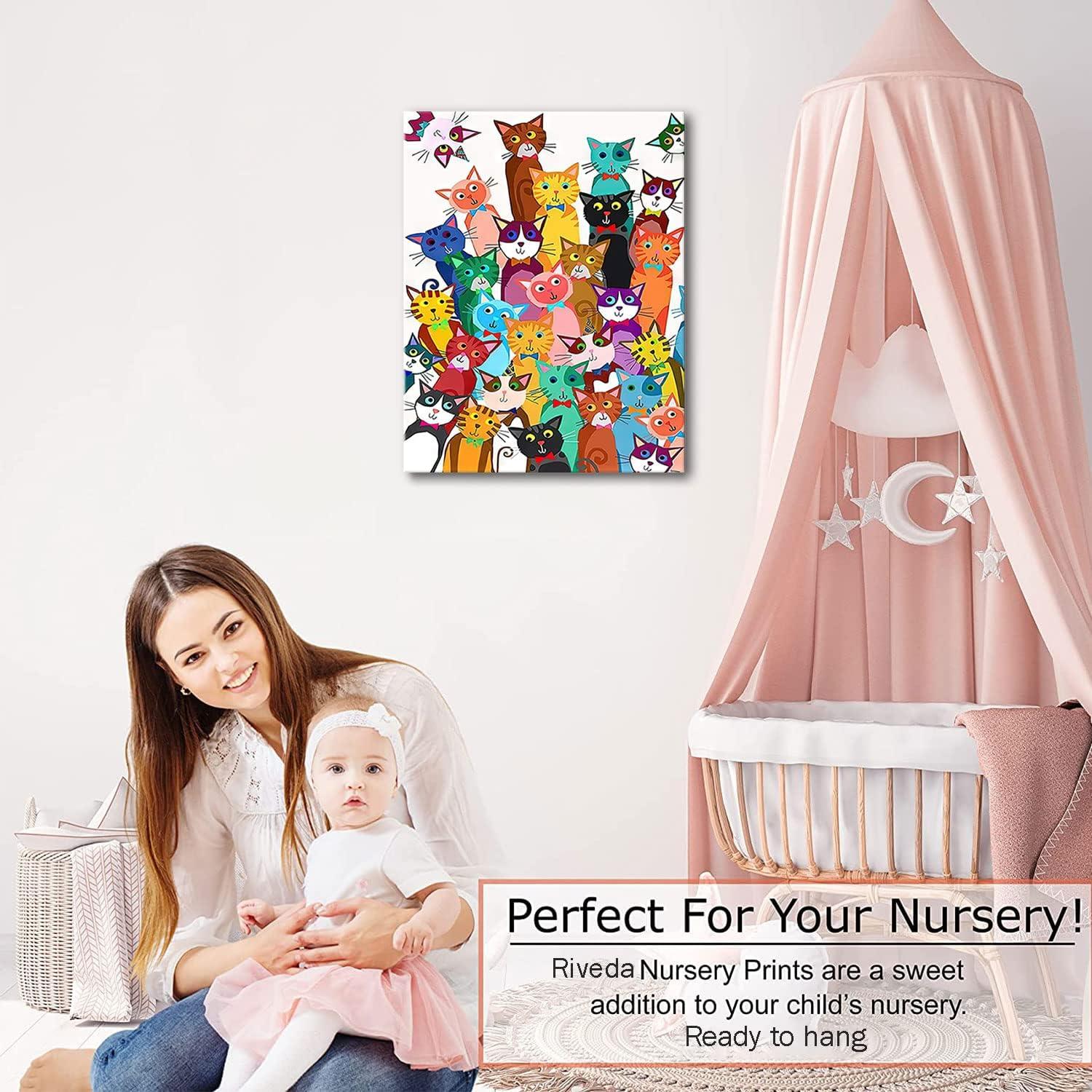 Framed Funny Colorful Cat Wall Art Cartoon Cat Canvas Print Cute Kitten Picture Poster Animals Painting Wall Decor for Bathroom Kid's Bedroom Nursery 12x16Inches