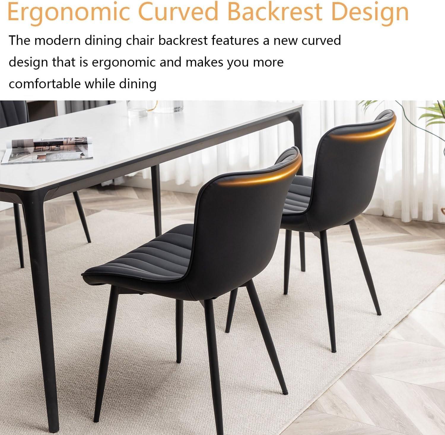 Office Chair, Mid Century Modern Upholstered Dining Chairs, Chair, 2 PCS leather Upholstered Dining Chair, with Backrest and Metal Legs, Dining Room, Bedroom, Office, Meeting Room, Black-stripe