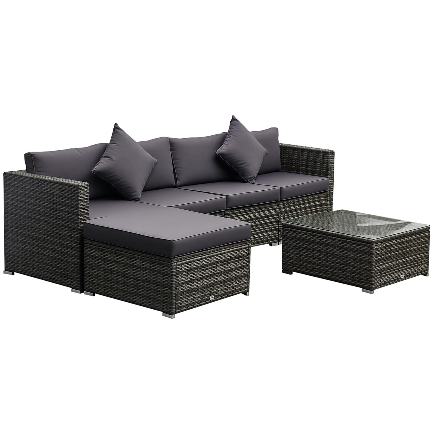 Outsunny 6 Pieces Patio Furniture Sets Outdoor Wicker All Weather PE Rattan Sectional sofa set with Ottoman, Cushions & Tempered Glass Desktop, Gray