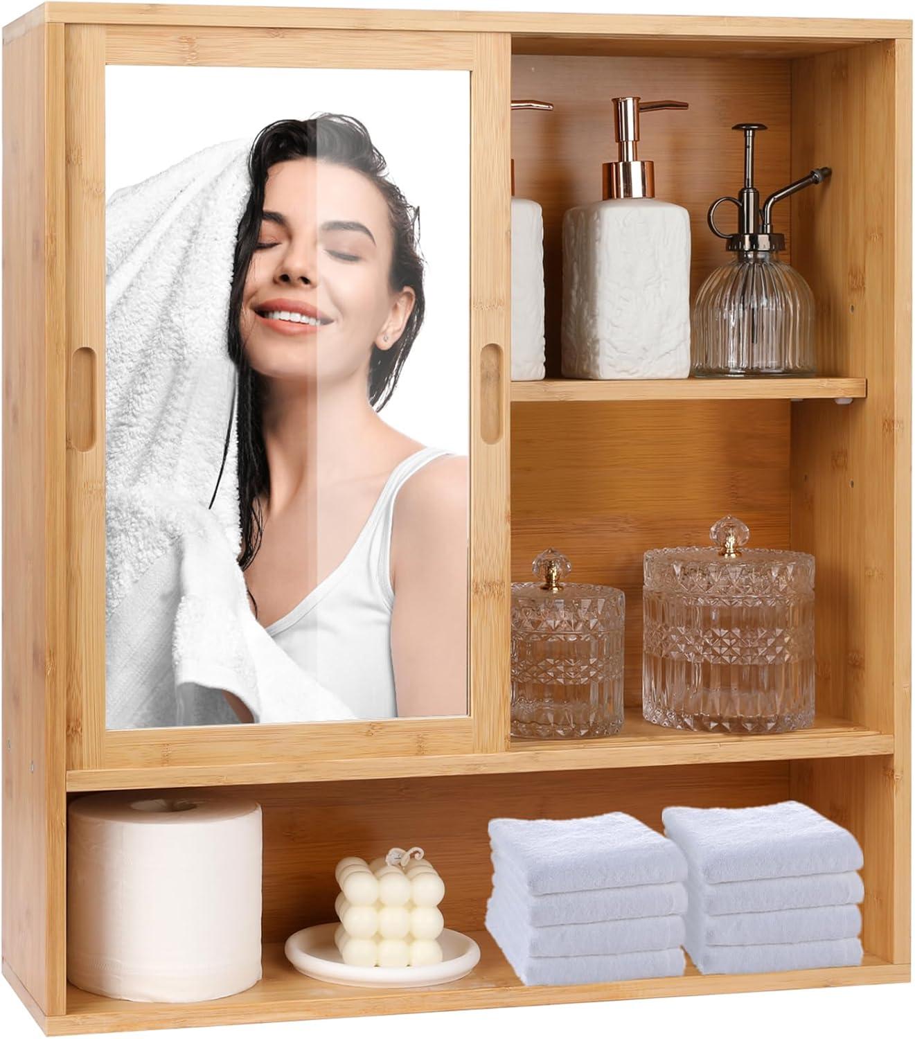 Bamboo Wall-Mounted Medicine Cabinet with Sliding Mirror Doors