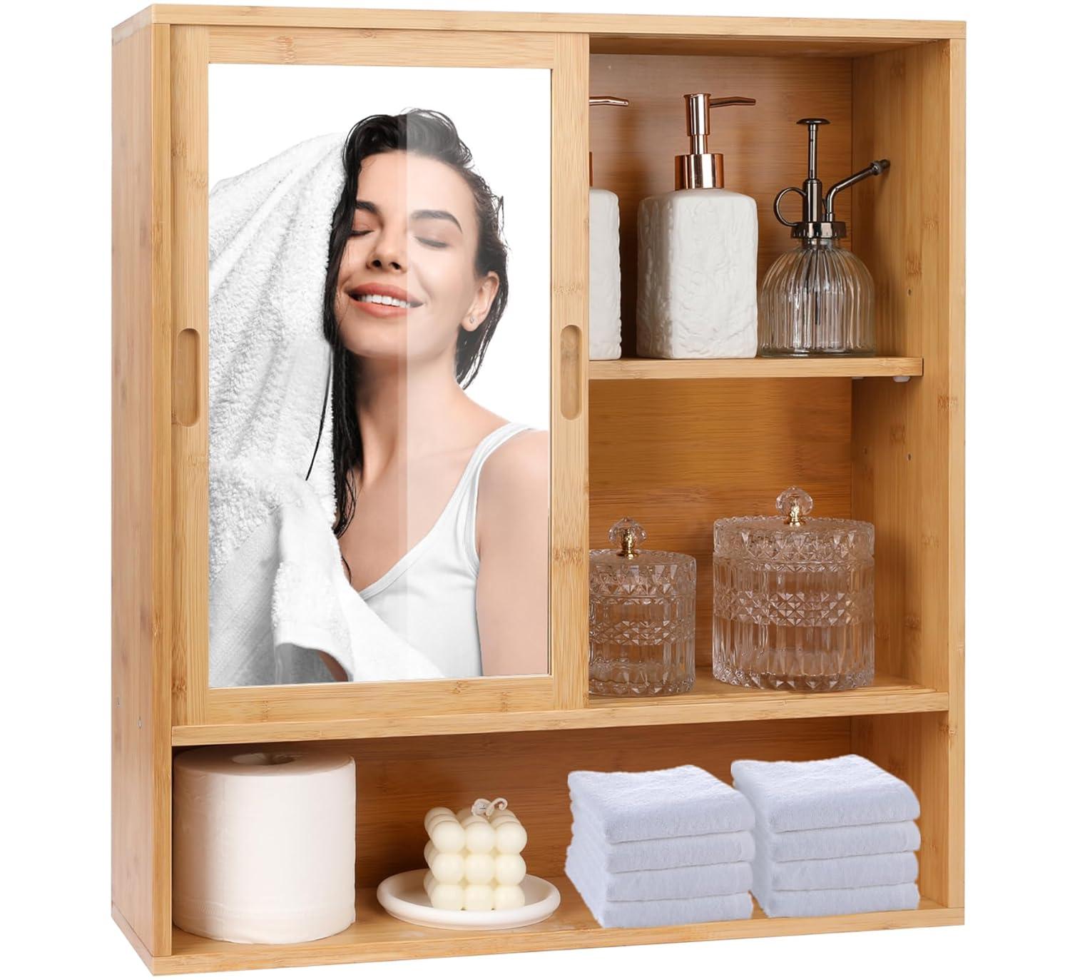 Bamboo Medicine Cabinet Mirror,Mirrored Cabinet With 2 Sliding Doors