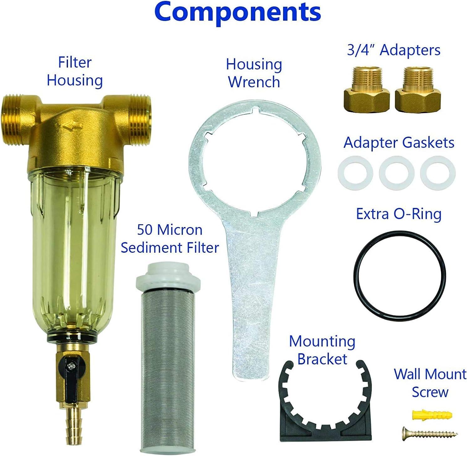 Express Water Whole House Sediment Water Filter – Spin Down Home Water Filtration System – 50 Micron Reusable Sediment Filter Cartridge – 1” and 3/4" Compatible with Filter, Mounting Bracket, Adapters