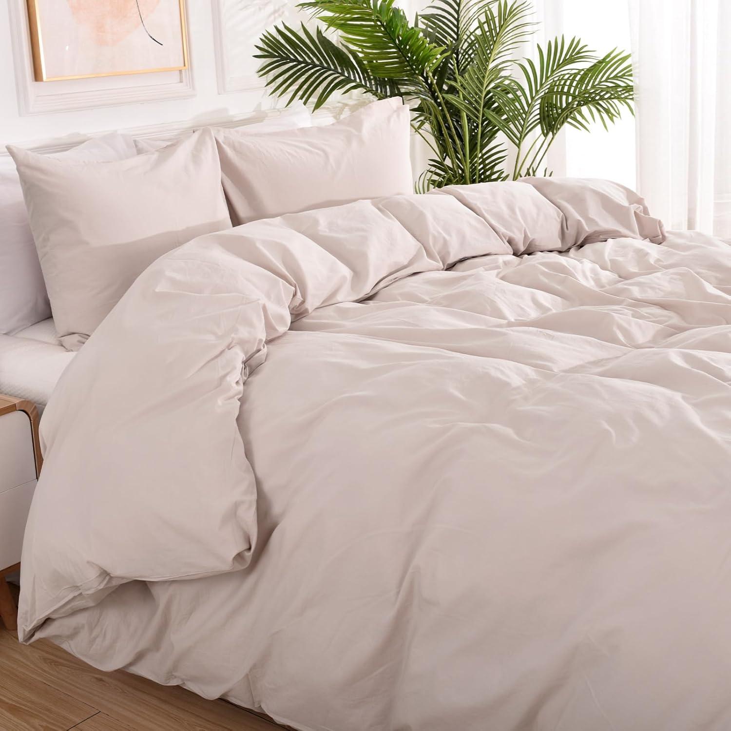 NEXHOME PRO Duvet Cover Set 100% Washed Cotton Oversized Queen 98"x98", Organic Natural Linen Look Textured 3 Pieces Bedding Set Apricot Yellow with Zipper Closure, Breathable, Soft (No Comforter)