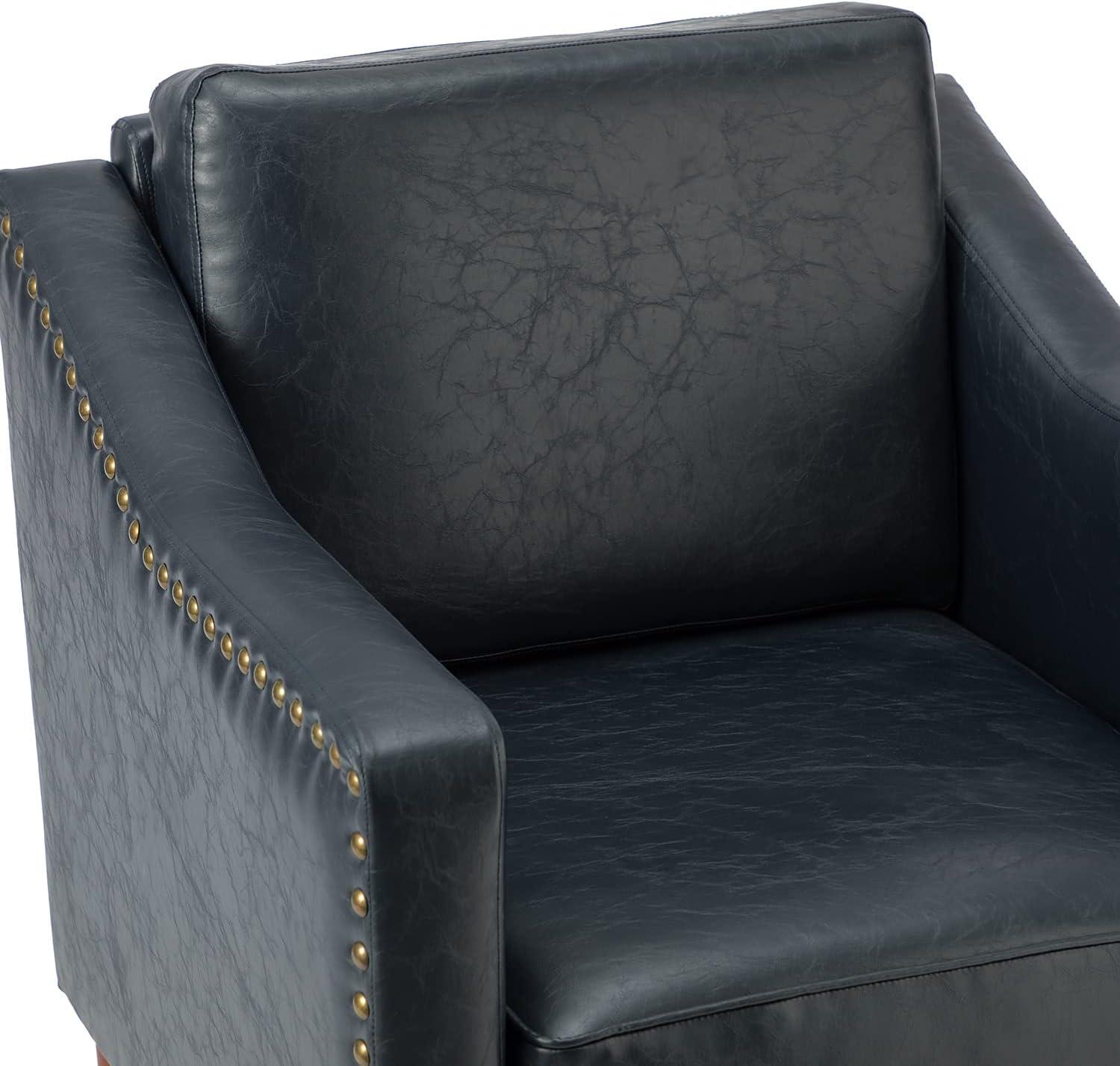 Navy Faux Leather Armchair with Nailhead Trim and Wooden Legs