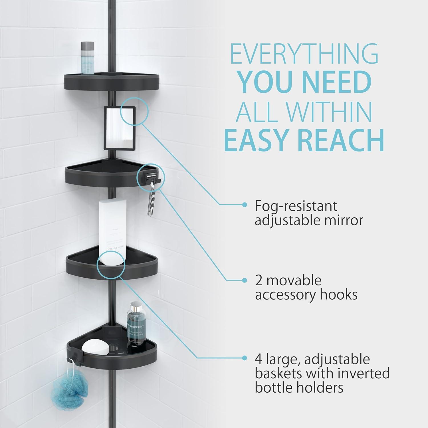 Better Living Products HiRISE 4 Tension Shower Caddy with Mirror Black
