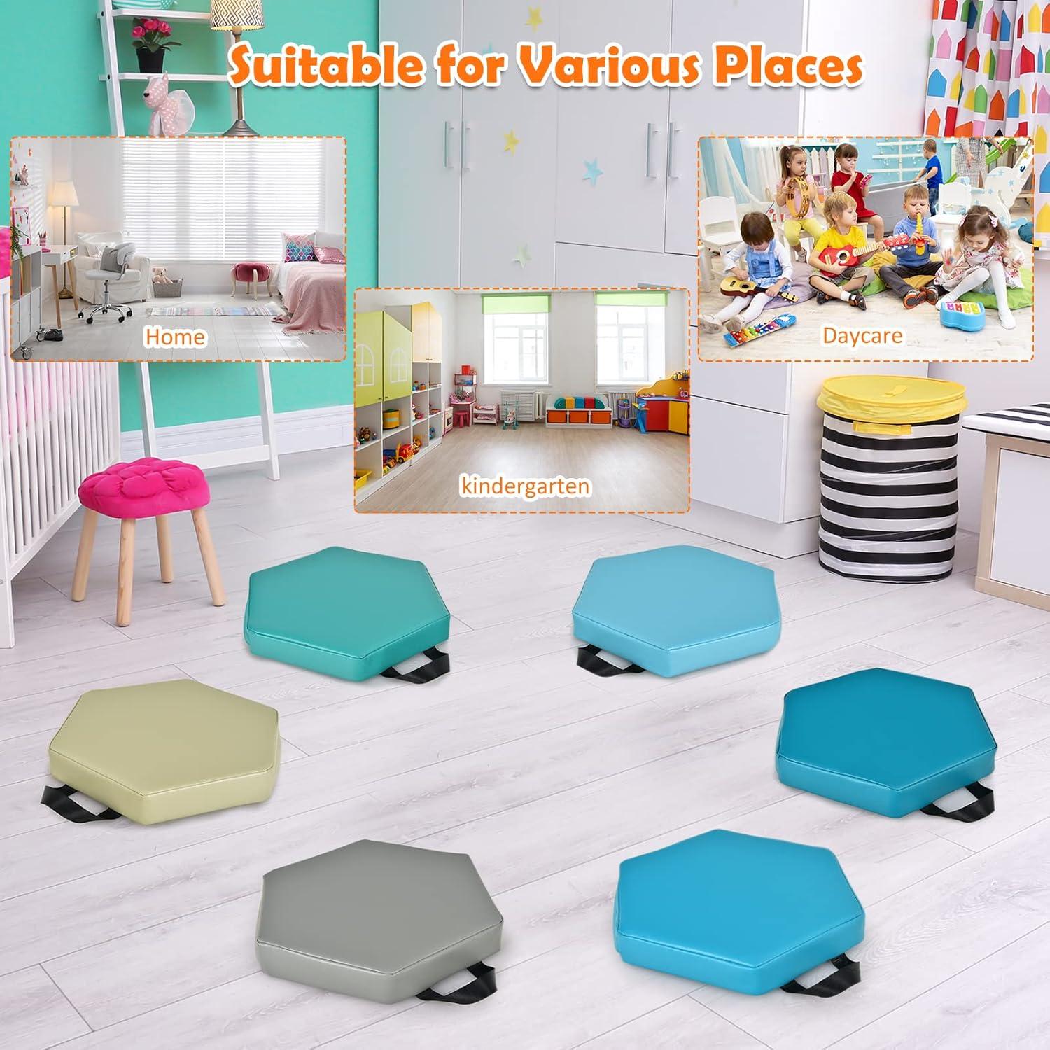 KOTEK 6 Pcs 15'' Kids Floor Cushions with Handles, 3'' Thick Foam Circle Floor Seats, Soft Flexible Seating for Classroom Elementary, School, Daycare, Kindergarten, Preschool, Playroom(Square, Red)