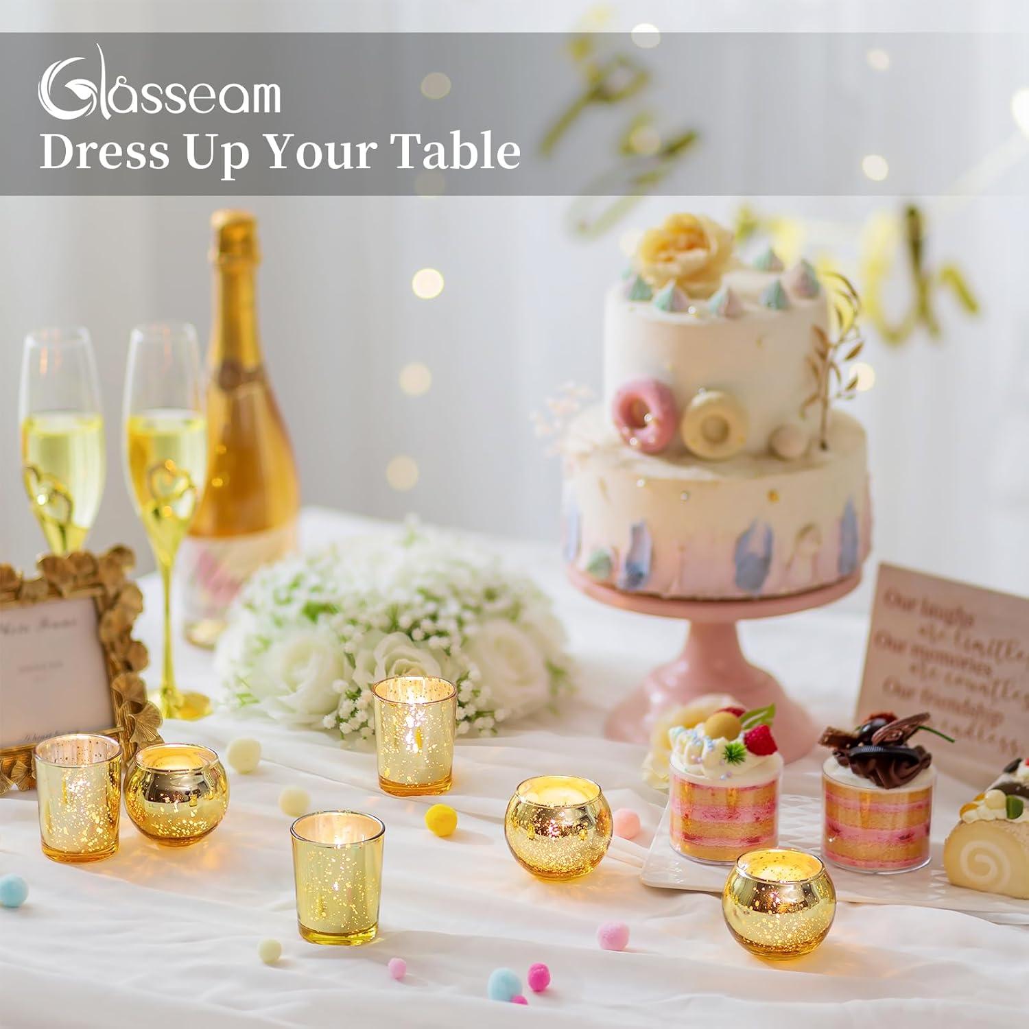 Glasseam Gold Votive Candle Holders, Tea Light Candle Holder Bulk 24, Small Mercury Glass Candle Holder for Mini Floating Candles, Glitter Tealight Candle Holders for Dining Table Christmas Decor