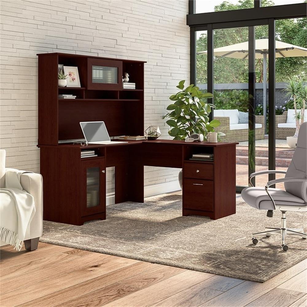 Bush Furniture Cabot 60" L Desk and Hutch with Storage, Harvest Cherry