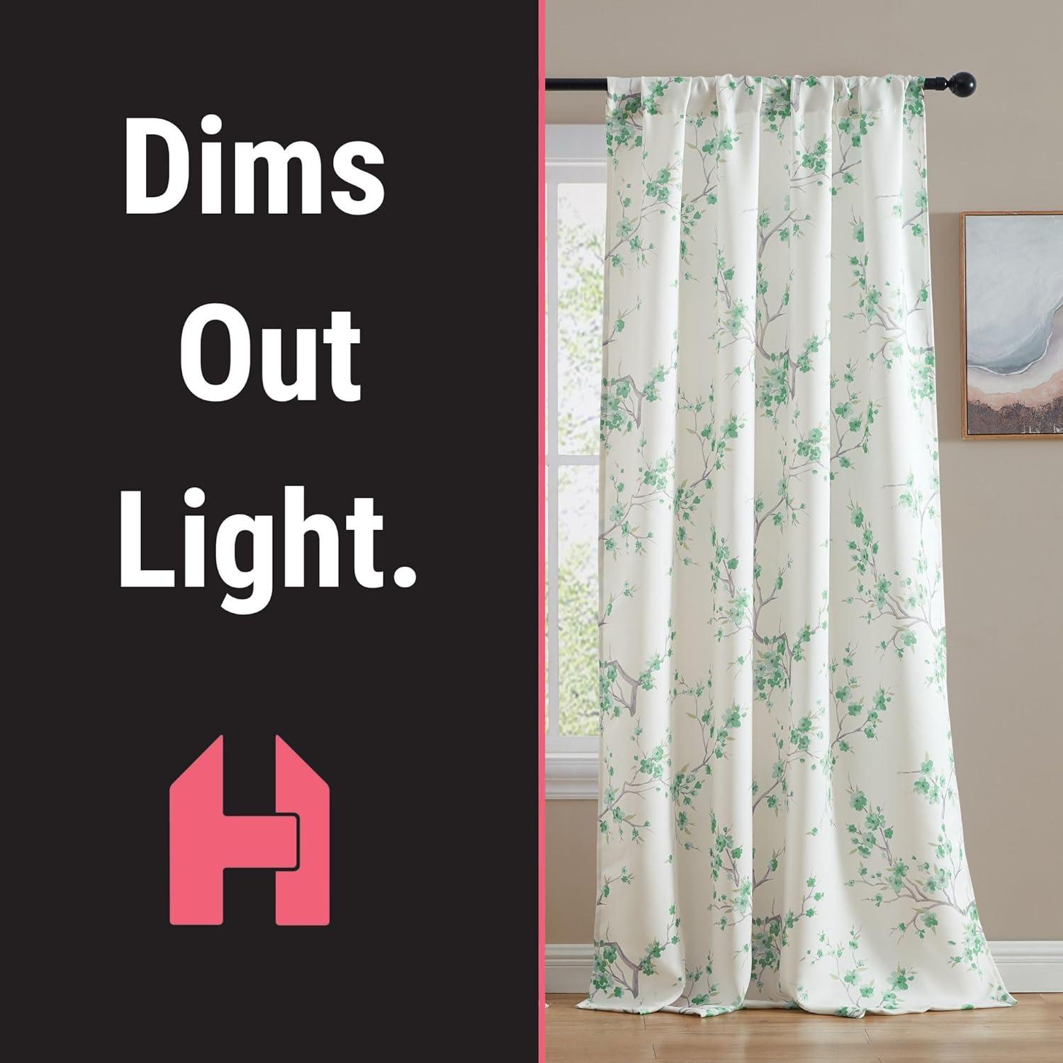 HLC.ME Jasmine Floral Patterned Window Rod Pocket Curtains - Light Blocking Darkening Window Panels, Set of 2 - Seafoam Green, 52 W x 84 L