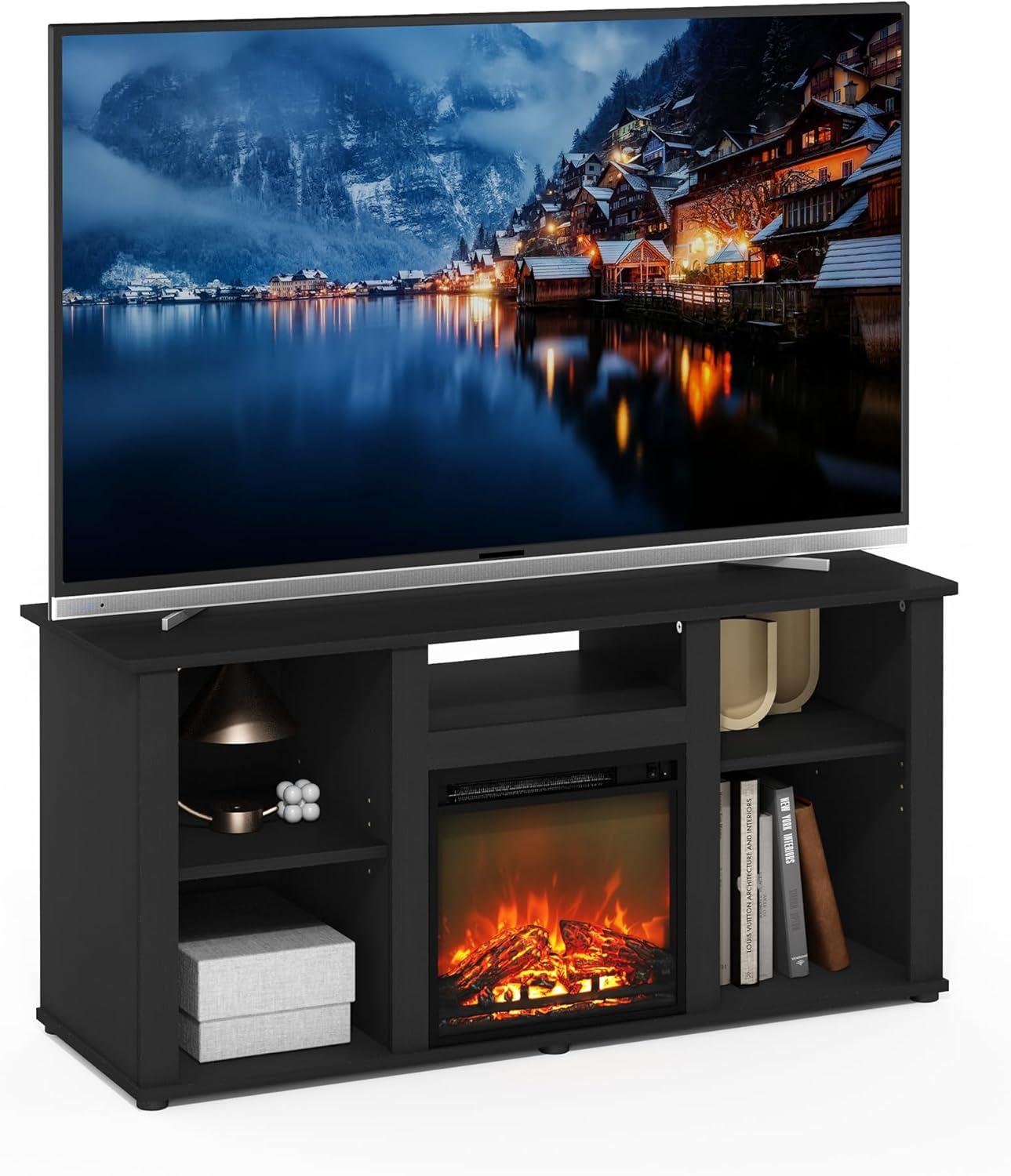 Furinno Jensen Fireplace TV Entertainment Center with Open Storage Compartment for TV up to 55 Inch, Americano