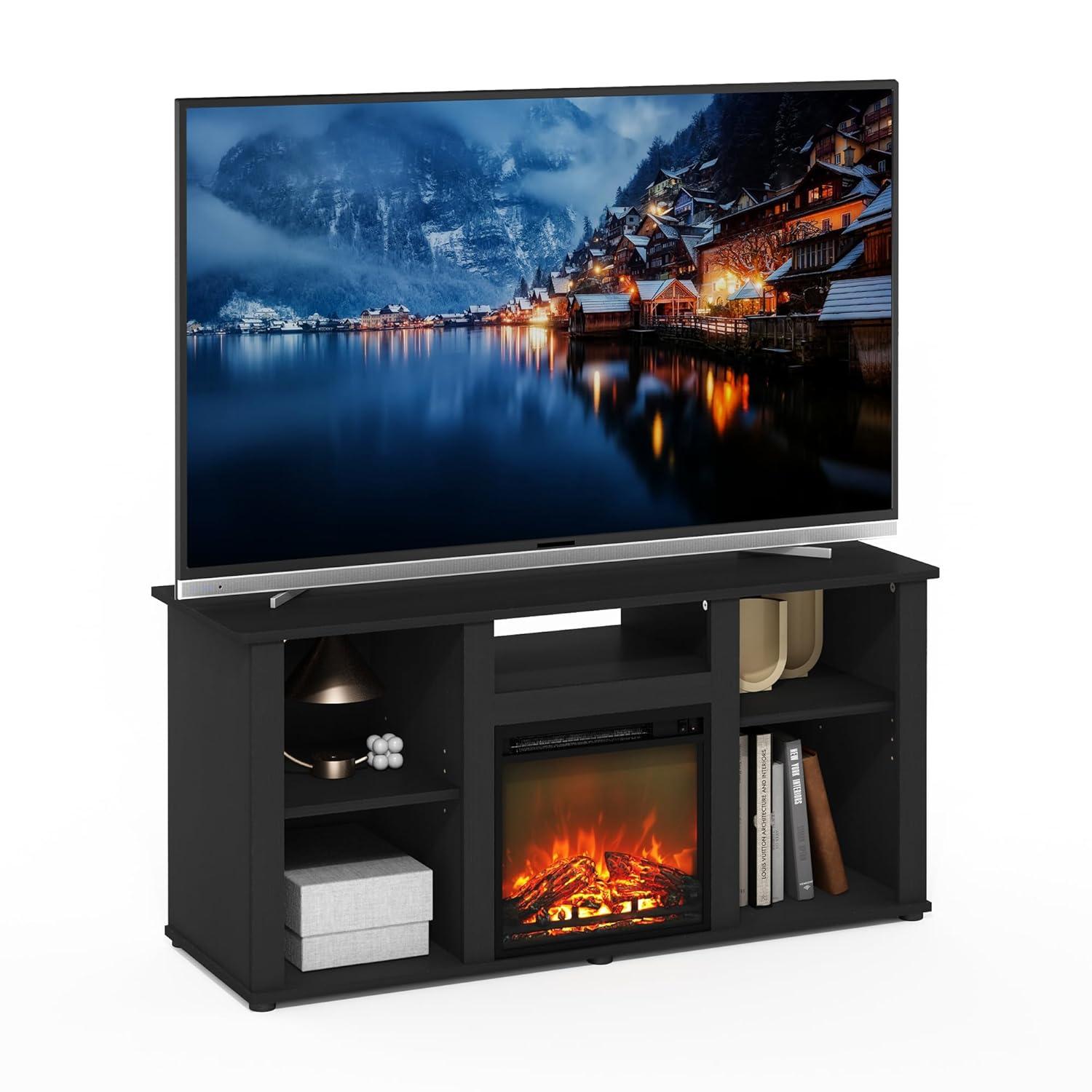 Furinno Jensen Fireplace TV Entertainment Center with Open Storage Compartment for TV up to 55 Inch, Americano