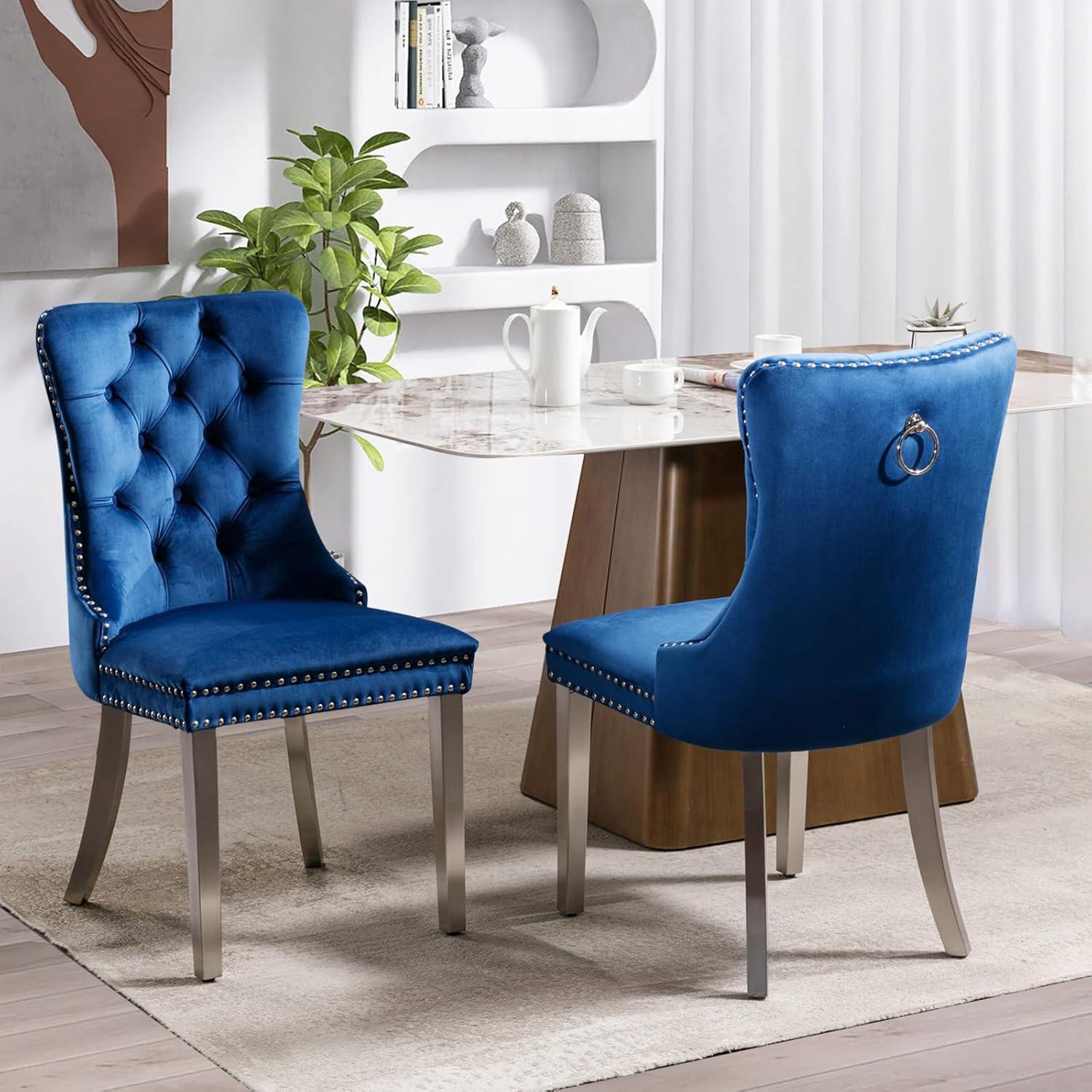 SoarFlash Velvet Dining Chair Set of 4, Upholstered Tufted Dining Room Chair with Nailhead Trim and Solid Silver Plated Leg for Kitchen (Blue)