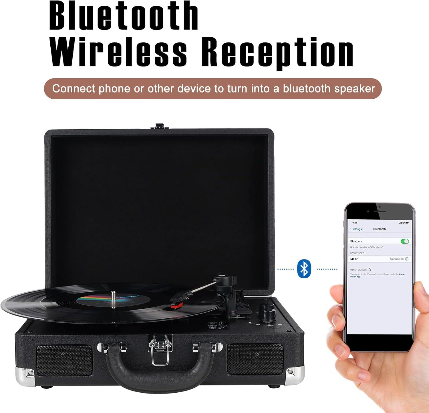 DIGITNOW Bluetooth Record Player 3 Speeds Turntable with Built-in Stereo Speakers, Suitcase Design - Black