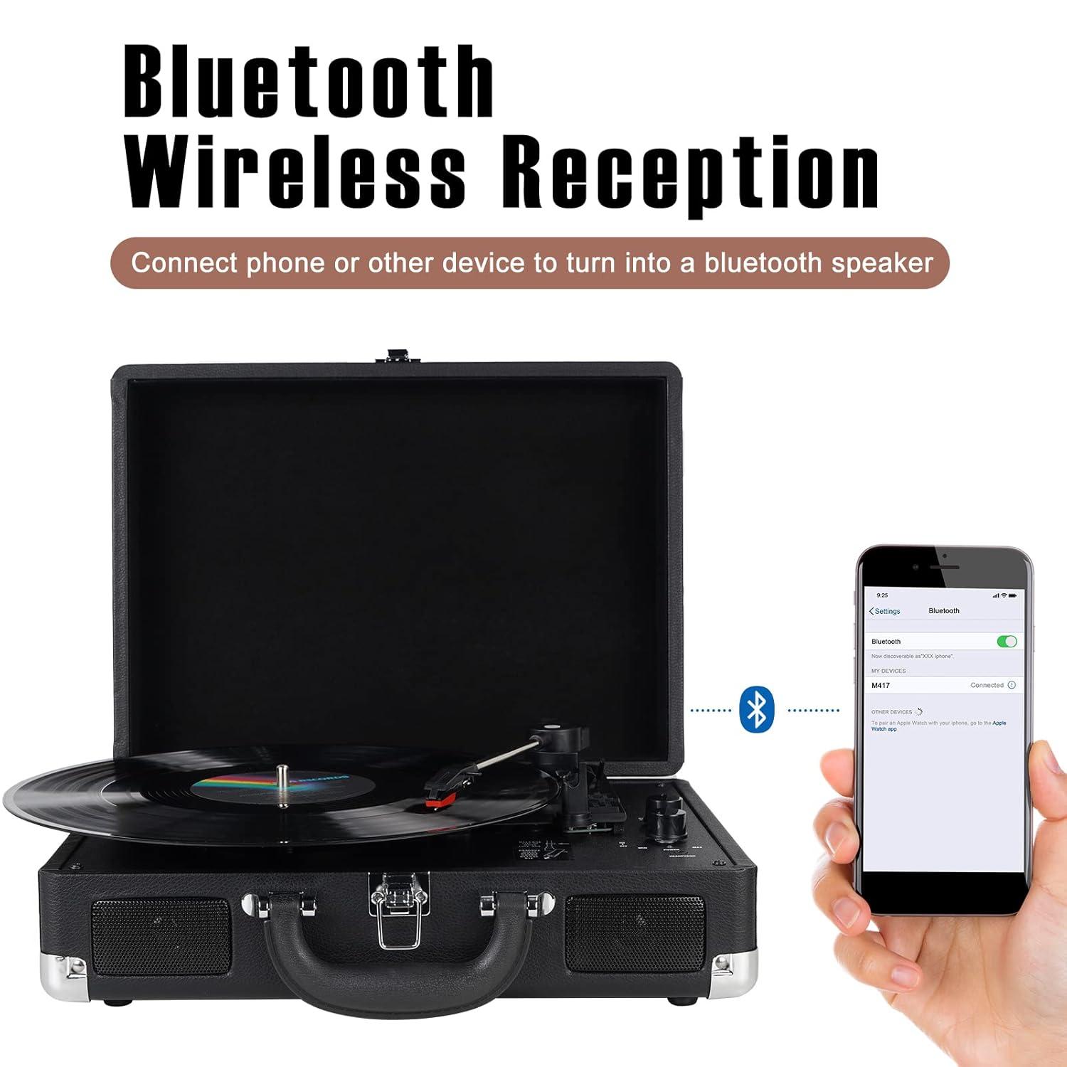 DIGITNOW Bluetooth Record Player 3 Speeds Turntable with Built-in Stereo Speakers, Suitcase Design - Black