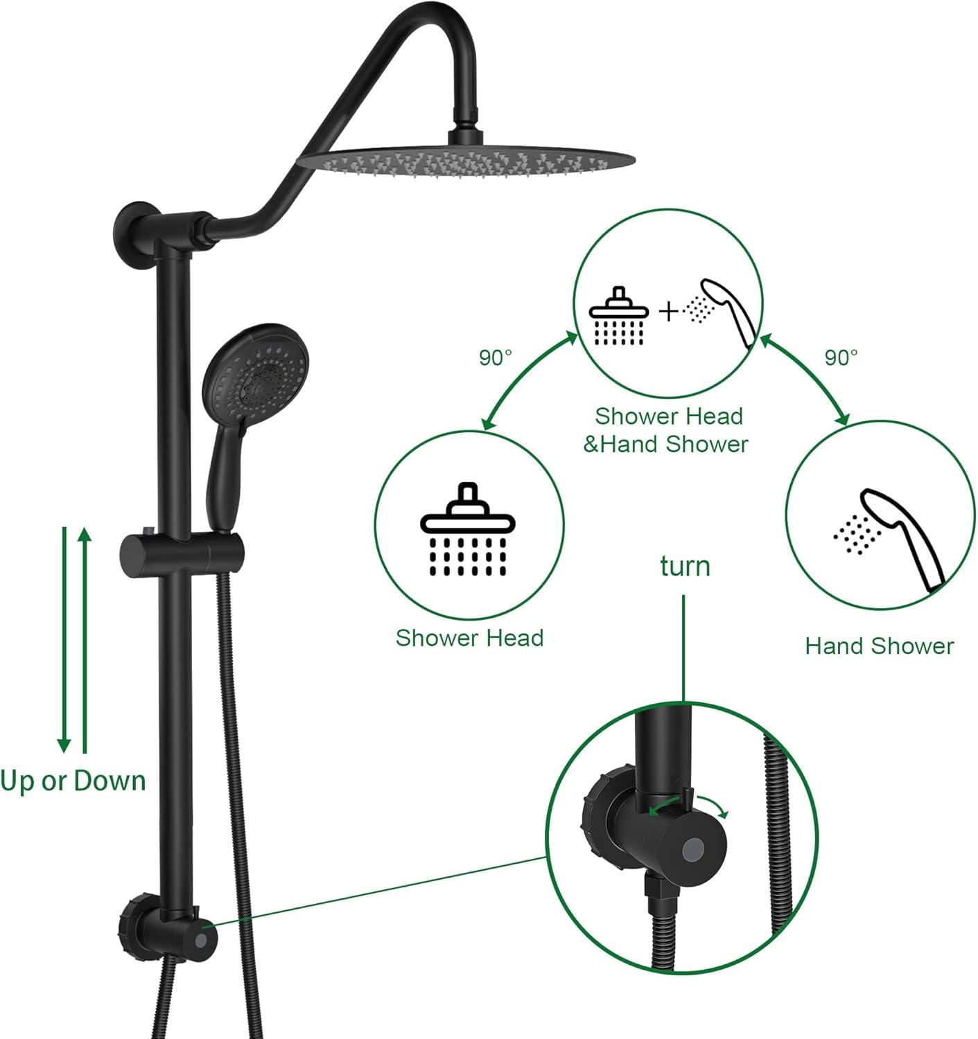 Logmey 10"Rain Shower System Black with Handheld Shower Head 5-Setting Stainless Steel