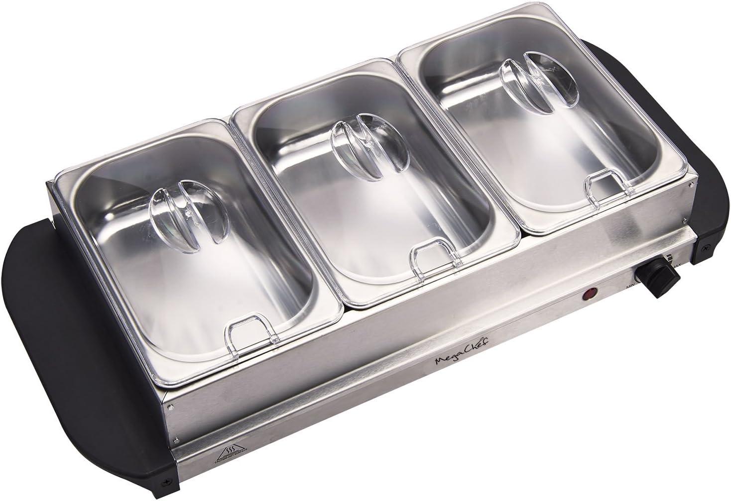 MegaChef Buffet Server & Food Warmer With 3 Sectional Trays: Stainless Steel Chafing Dish, 4.5L Capacity, Temperature Control