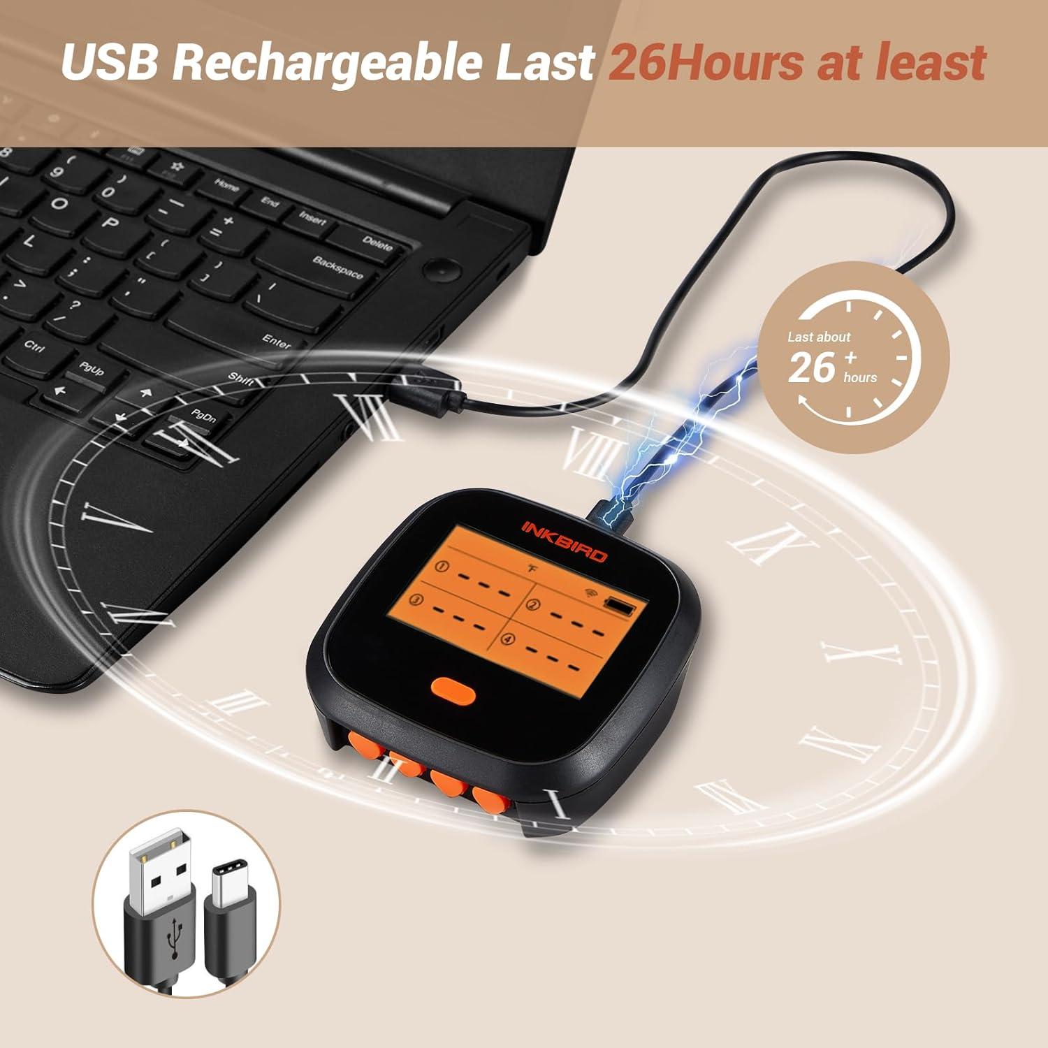 Inkbird IBBQ-4T Wi-Fi Rechargeable CD Display Timer Alarm BBQ Meat Thermometer with 4 Probes