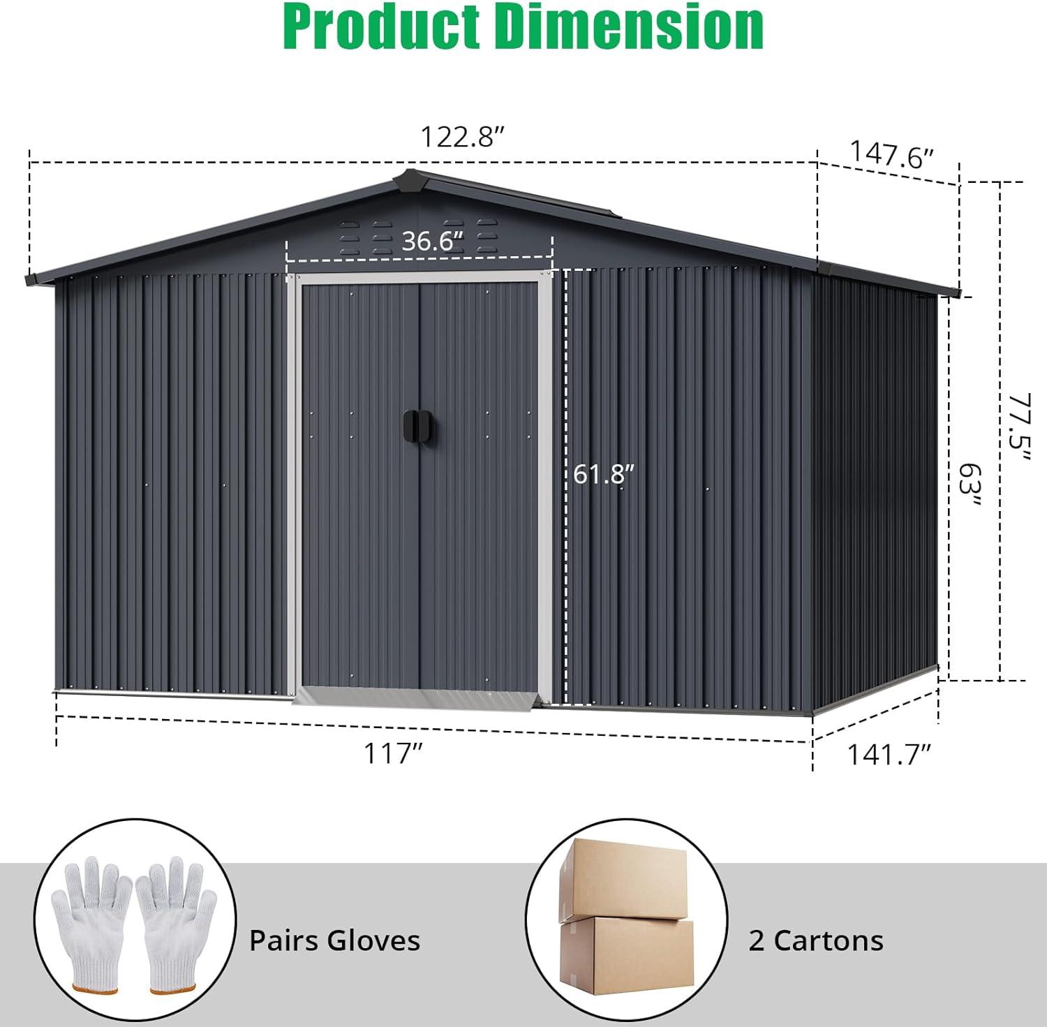 Dark Gray 10' x 12' Metal Outdoor Storage Shed with Lockable Doors