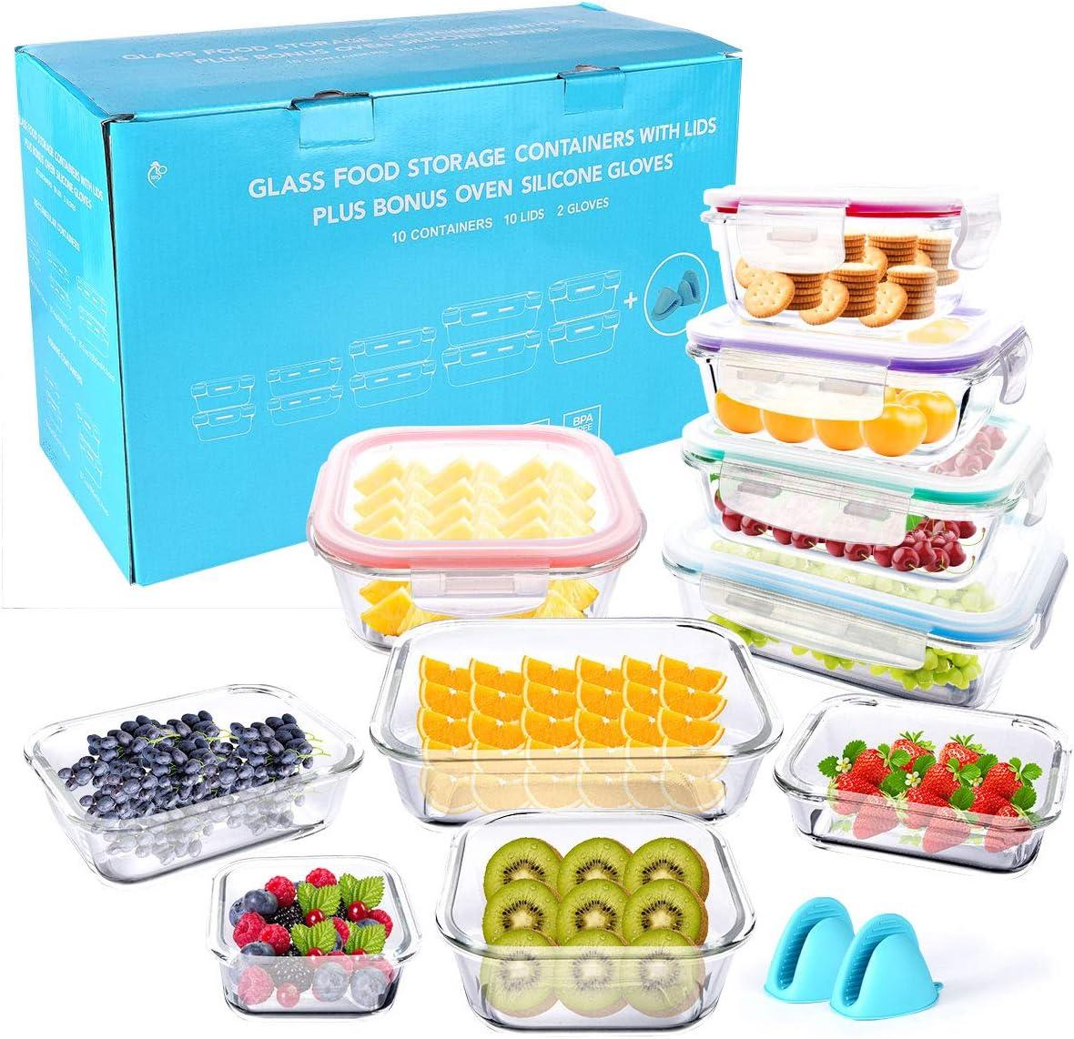 22-Piece Clear Borosilicate Glass Food Storage Set with Colorful Lids