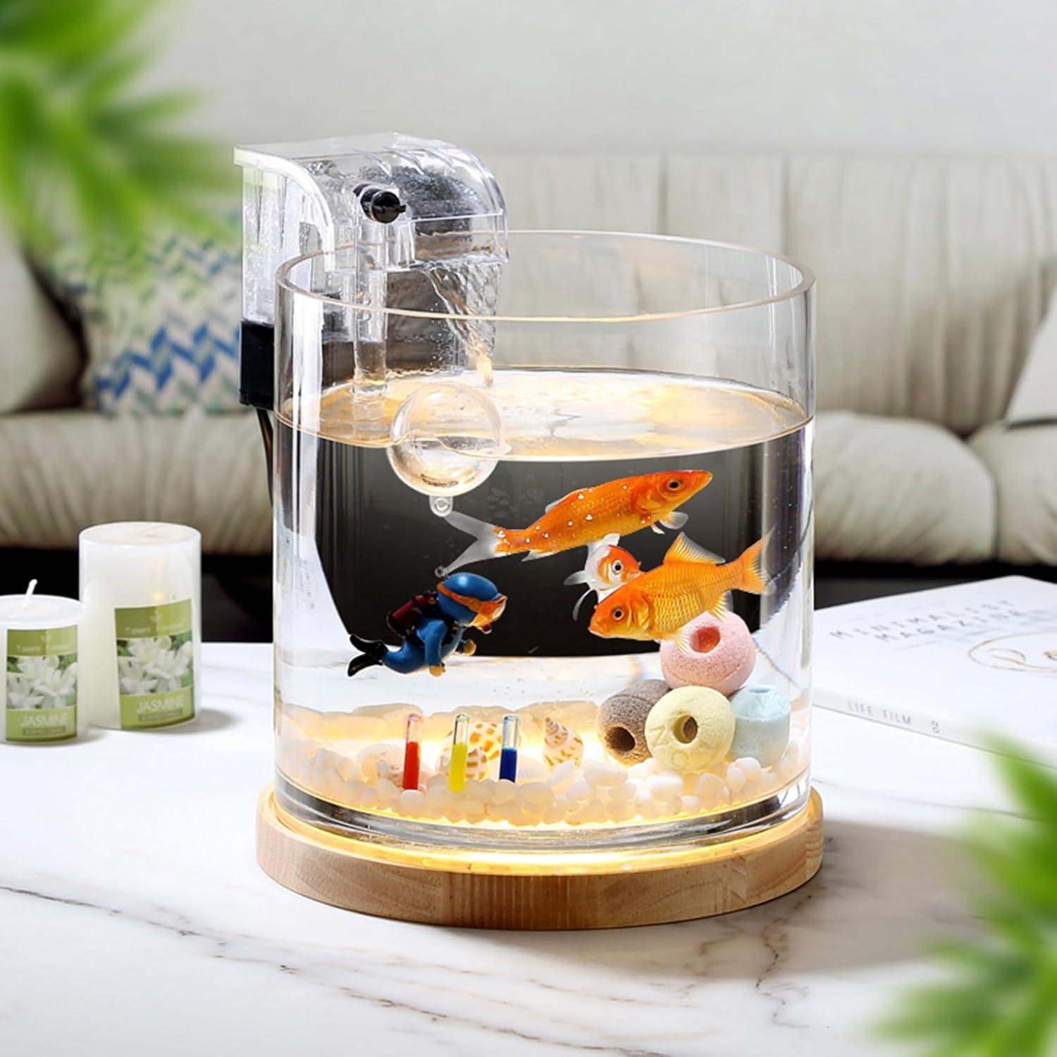 Aquarium Starter Kits 0.81-Gallon Fish Tank(6 inches) for Beginner Cylindrical Betta Fish Bowl with Wooden Base LED Light Water Pump Accessories Self-Cleaning Filter Copyright Patent