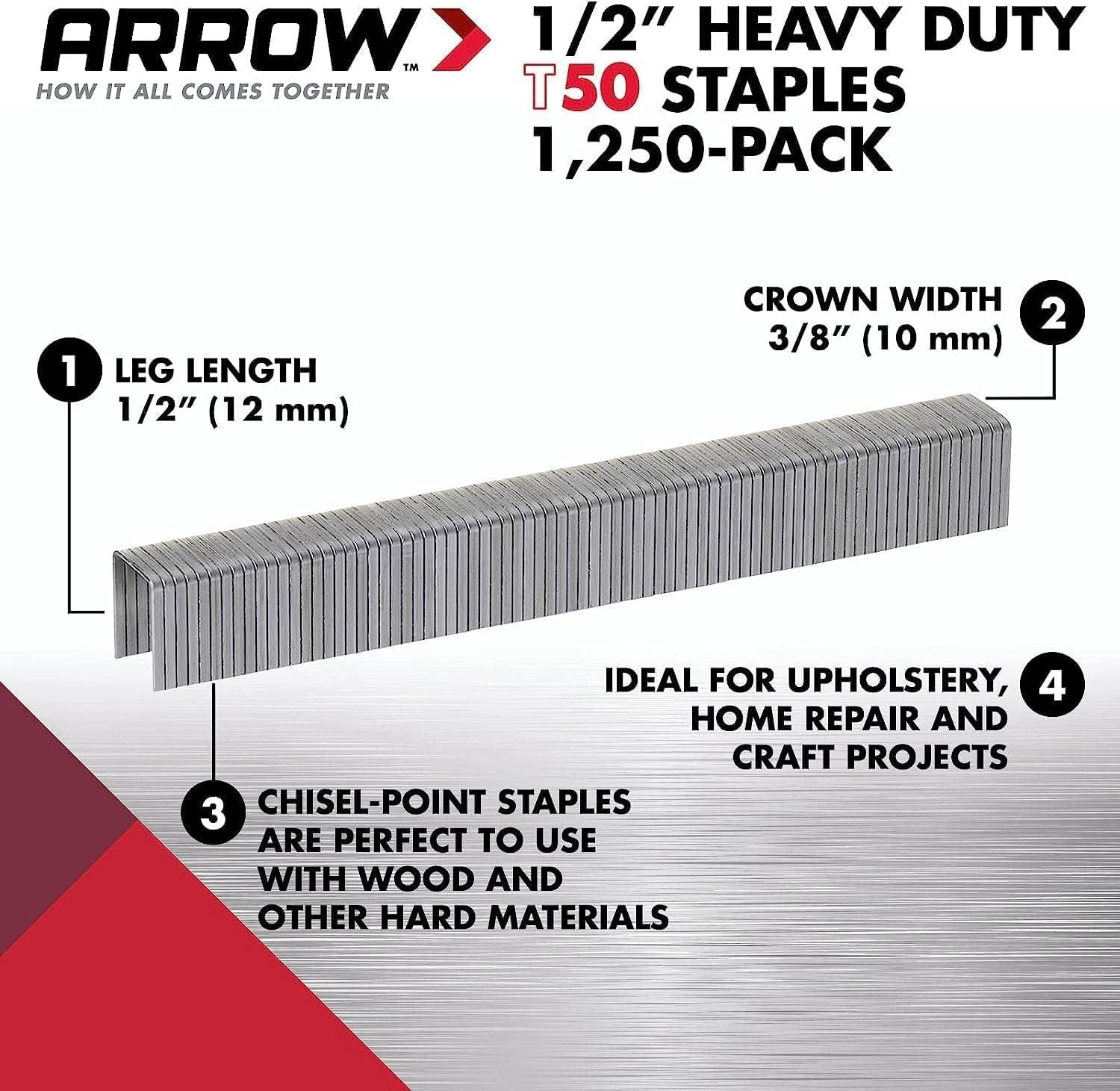 Arrow 508 Heavy Duty T50 1/2" Leg Length, 3/8" Crown, Staples, Heavy Duty, for General Repairs, DIY, Home Improvement, New