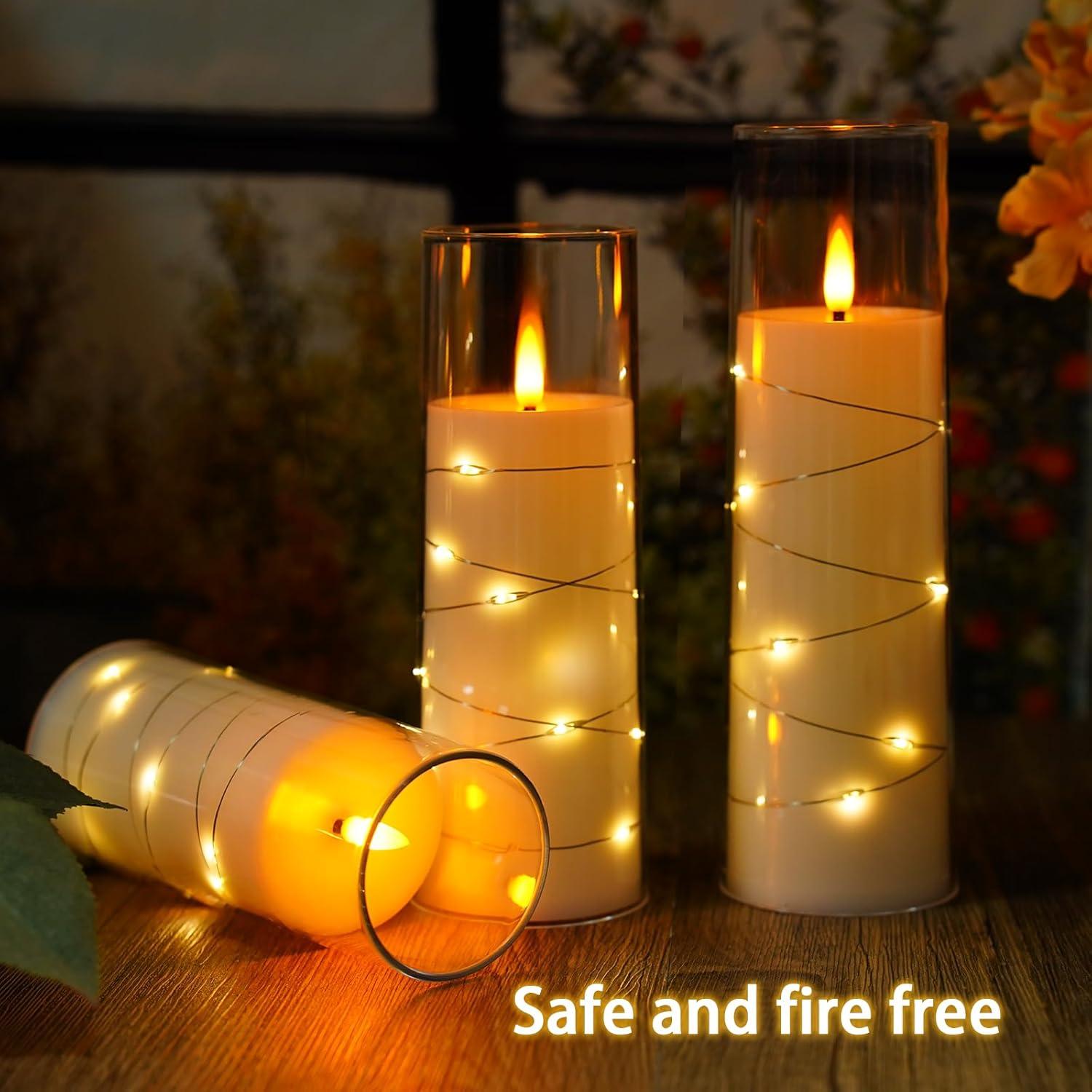 Raycare Flameless LED Candles with Embedded Star String, 9 Pcs Battery Operated Acrylic Pillar Candles with Timer and Remote, Flickering for Romantic Ambiance and Home Decoration (White)