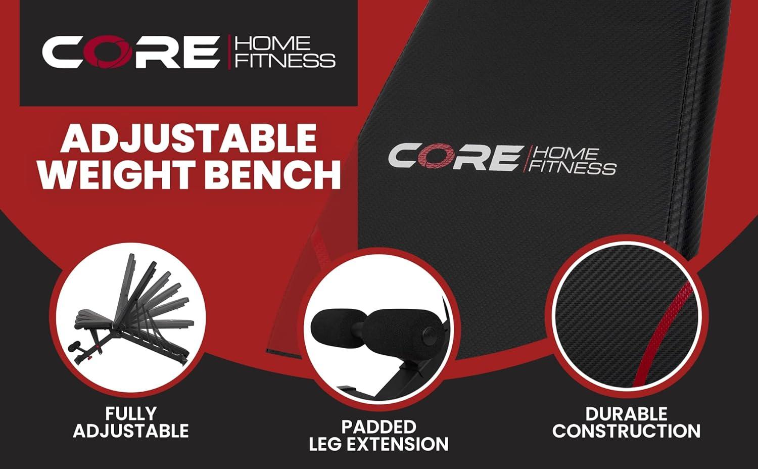 Adjustable Bench By Core Home Fitness, Foldable Weight Bench, Incline/Decline/Flat Bench, 7 Back Adjustments, Adjustable Seat, Black/Red (51MAB)