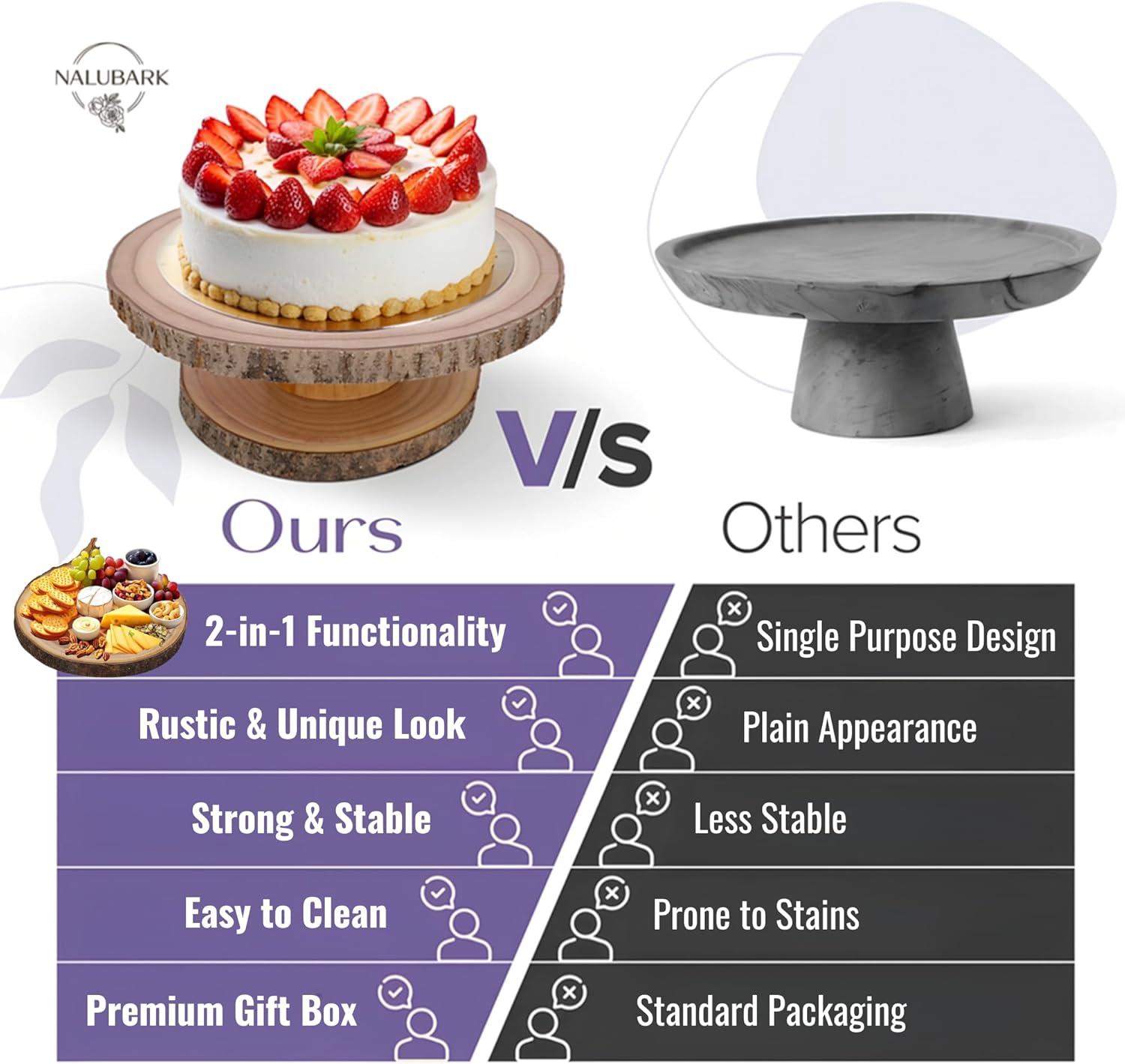 Wooden Cake Stand Rustic, 10-11 inch Multifunctional 2-in-1 Wedding Rustic Cake Stand, Wood Display Tray for Appetizers, Desserts, Charcuterie Board, Farmhouse Tree Stump Style, Sturdy, Easy to Clean