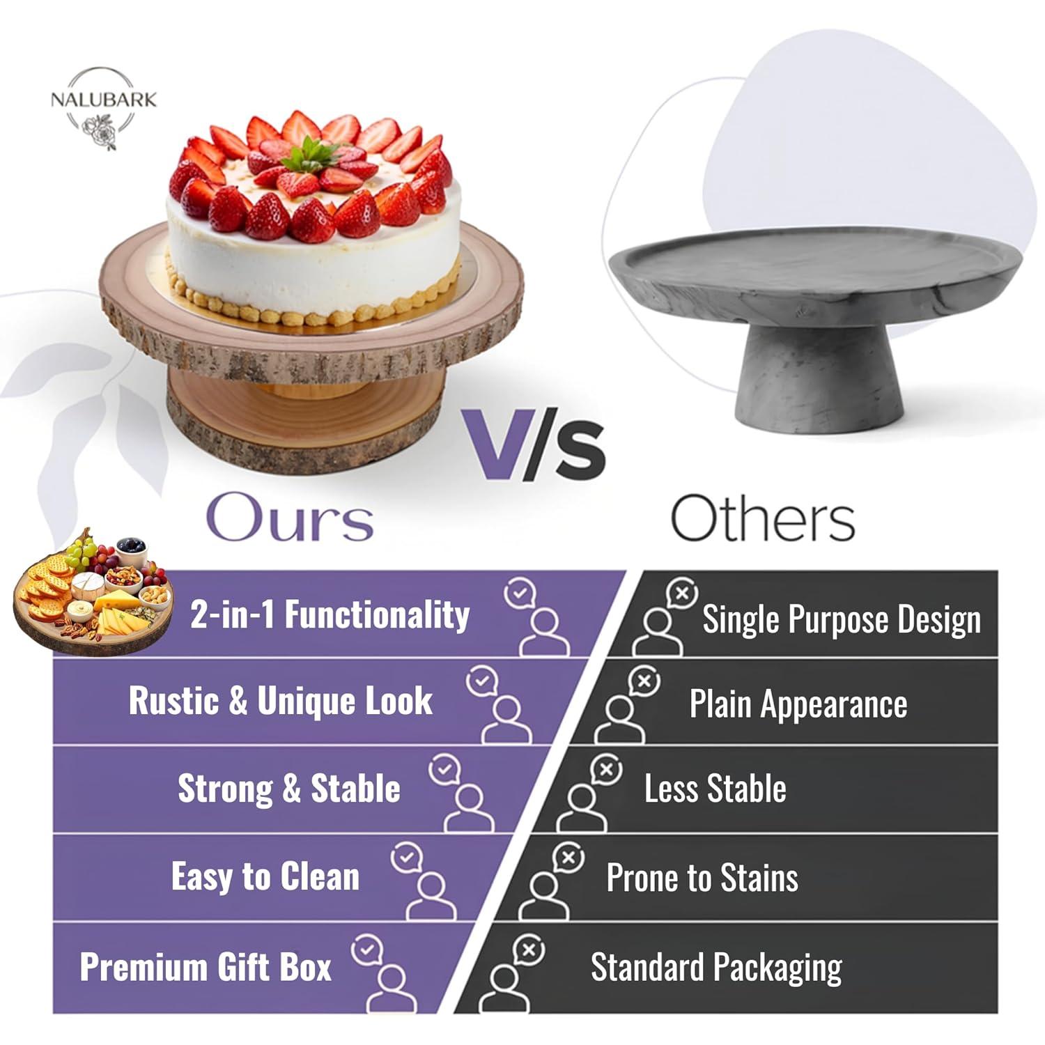 Wooden Cake Stand Rustic, 10-11 inch Multifunctional 2-in-1 Wedding Rustic Cake Stand, Wood Display Tray for Appetizers, Desserts, Charcuterie Board, Farmhouse Tree Stump Style, Sturdy, Easy to Clean