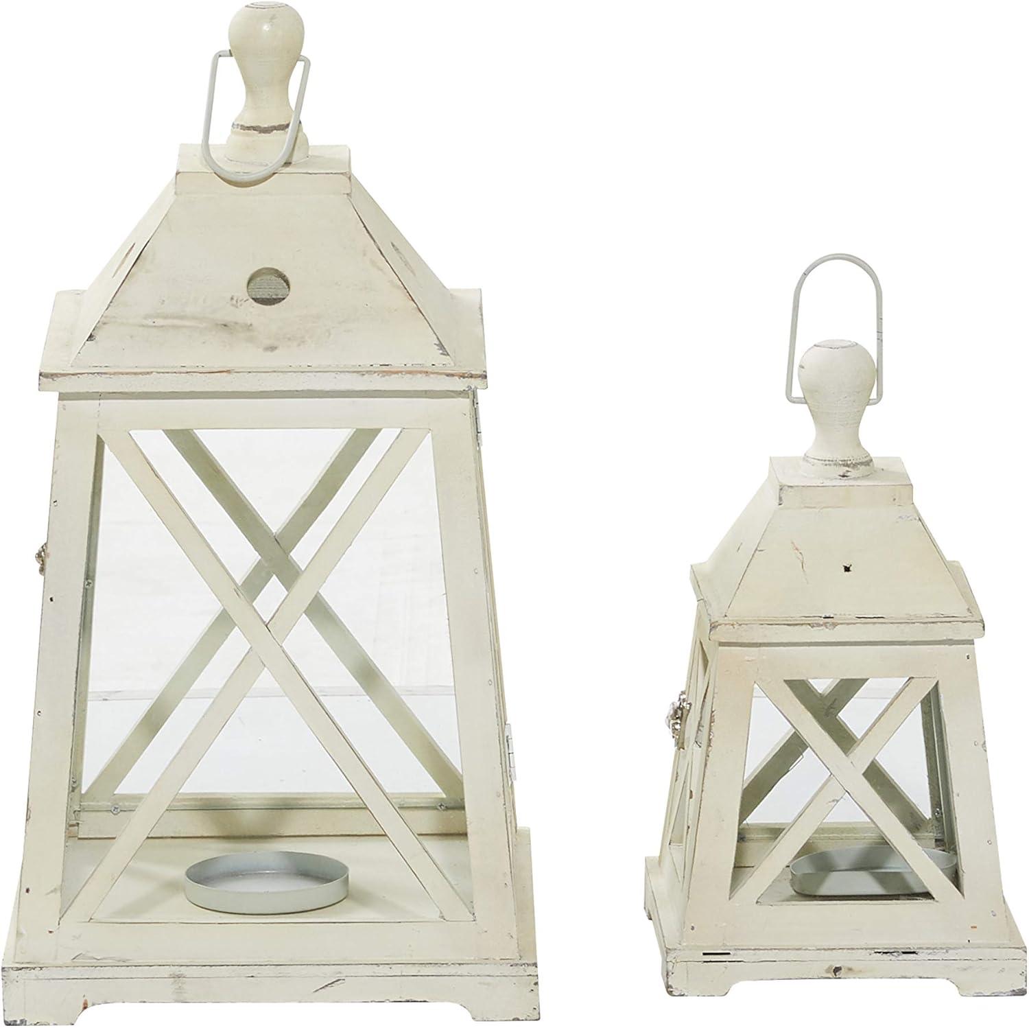 Set of 2 Trapezoid Wood/Glass Candle Holders White - Olivia & May: Elegant Lantern Design for Pillar Candles