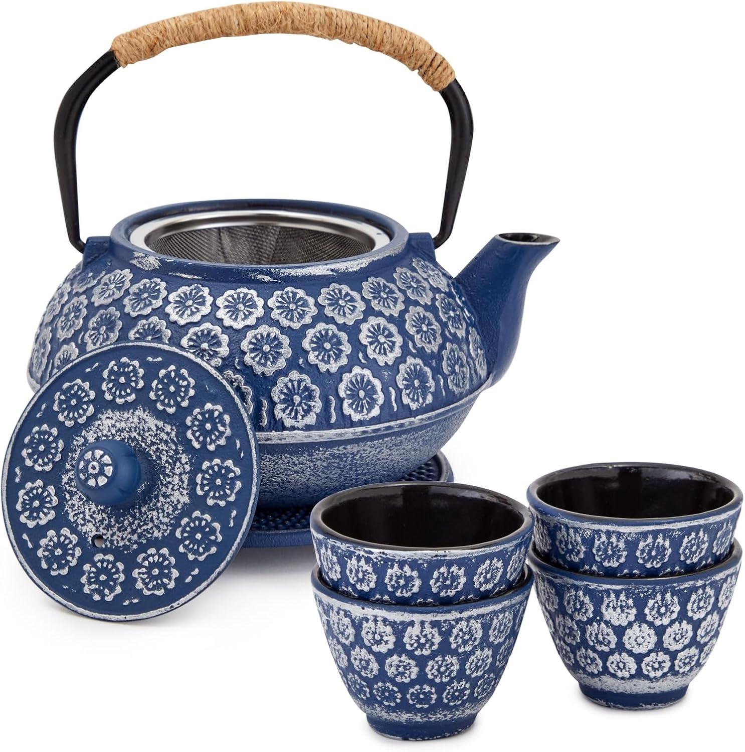 Juvale Set of 6 Blue Cast Iron Floral Teapot Kettle Set, Japanese Tea Pot with Infuser, Trivet & 4 Teacups, 32 oz