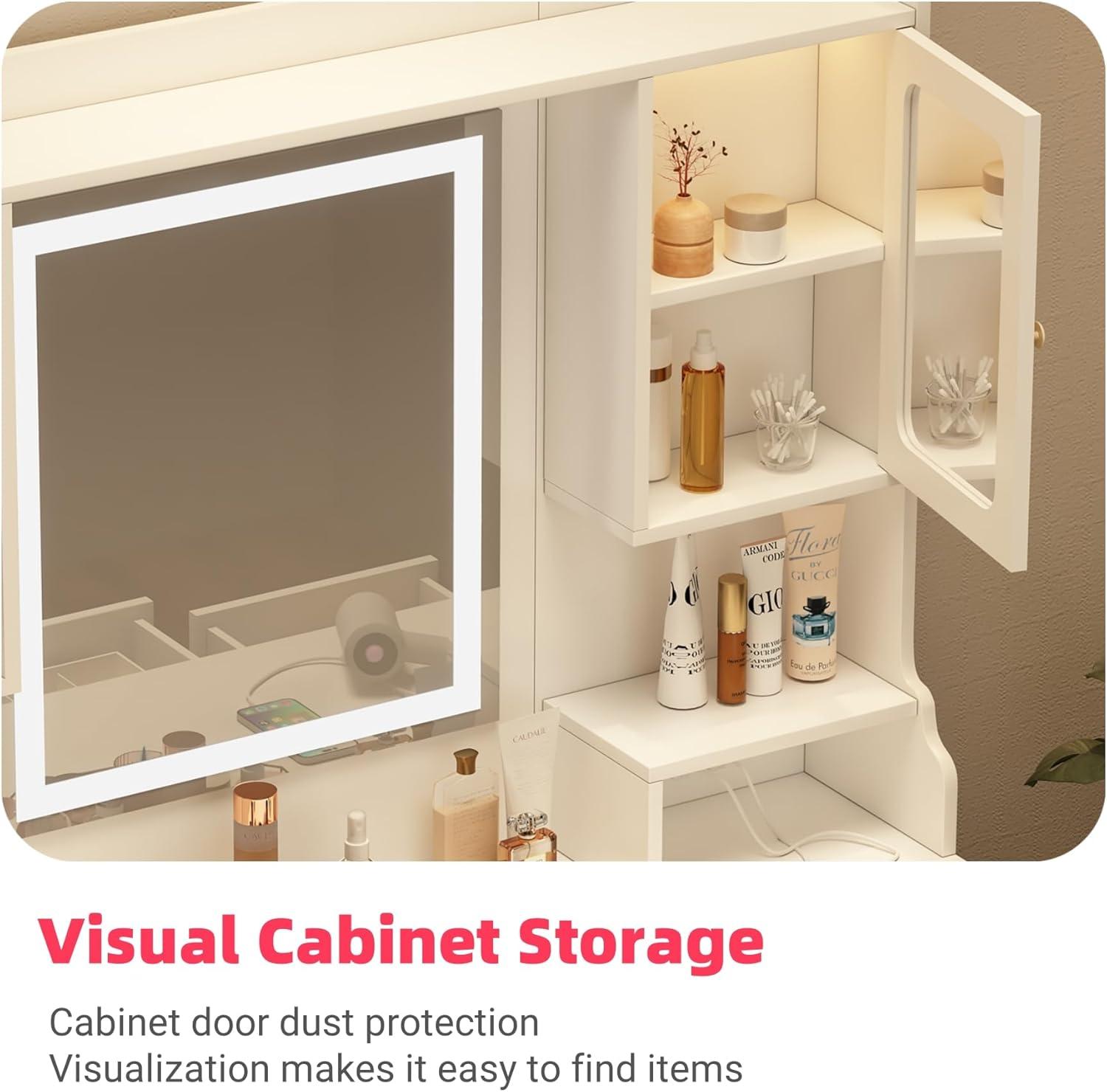 Makeup Vanity Desk with Mirror and Lights, Large Vanity Table Set with 6 Drawers & 2 Storage Cabinet & Shelves with Doors, with Charging Station, 3 Lighting Modes Brightness Adjustable