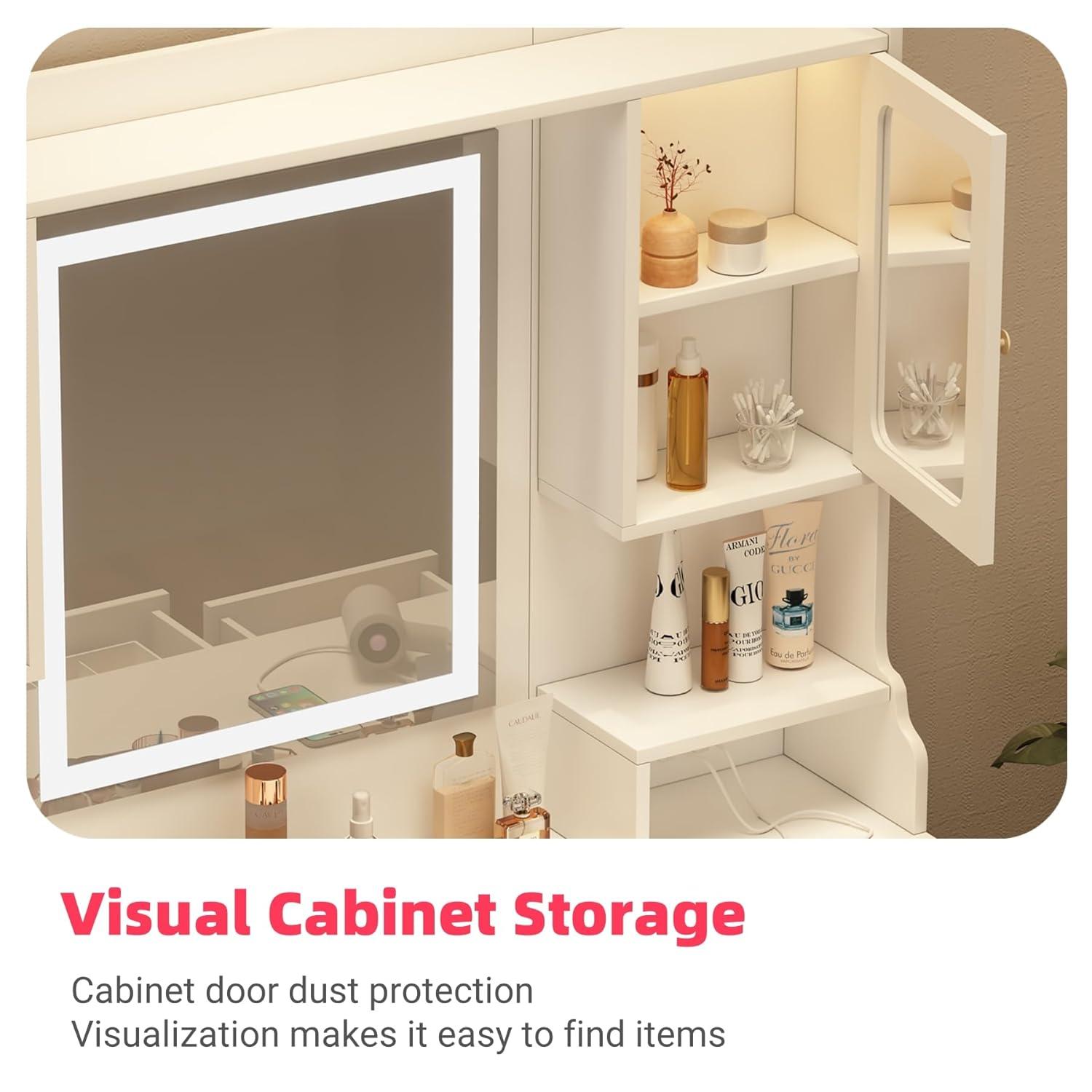 Makeup Vanity Desk with Mirror and Lights, Large Vanity Table Set with 6 Drawers & 2 Storage Cabinet & Shelves with Doors, with Charging Station, 3 Lighting Modes Brightness Adjustable