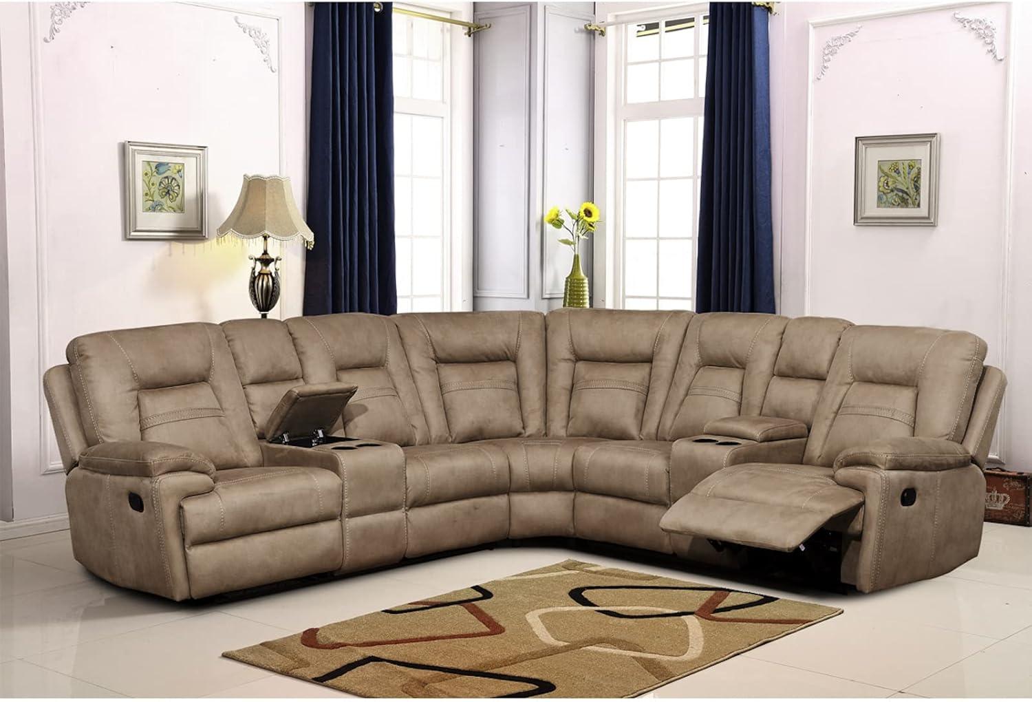 Betsy Furniture Large Microfiber Reclining Sectional Living Room Sofa in Latte 8038