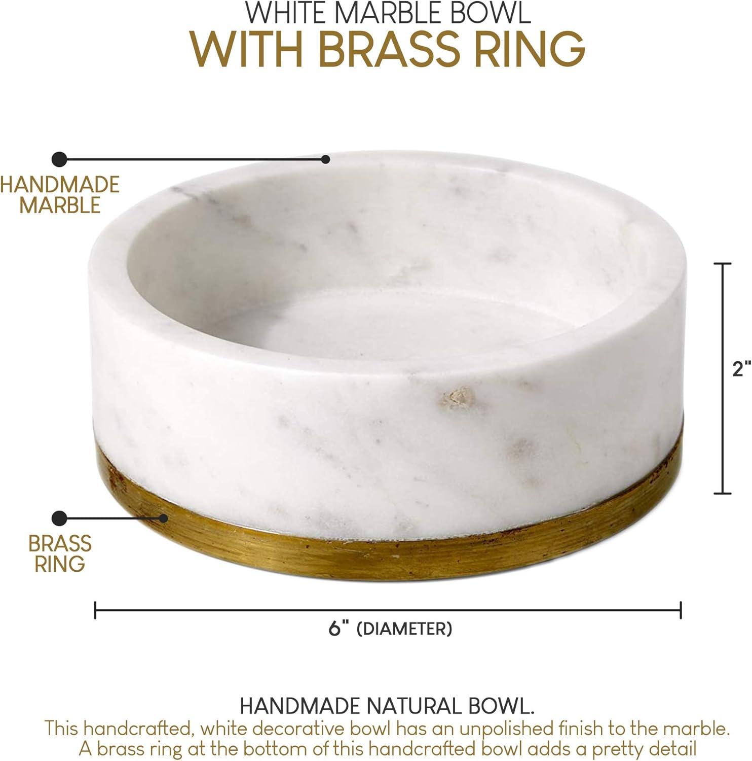 White Marble and Brass Decorative Bowl, 6" Diameter