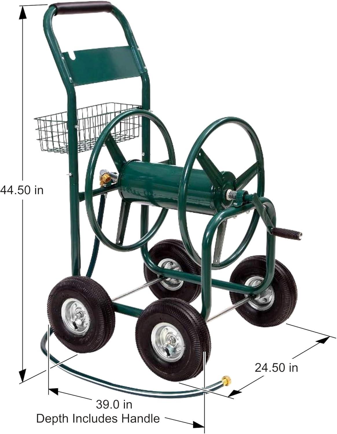 Green Steel 4-Wheel Garden Hose Reel Cart with Basket