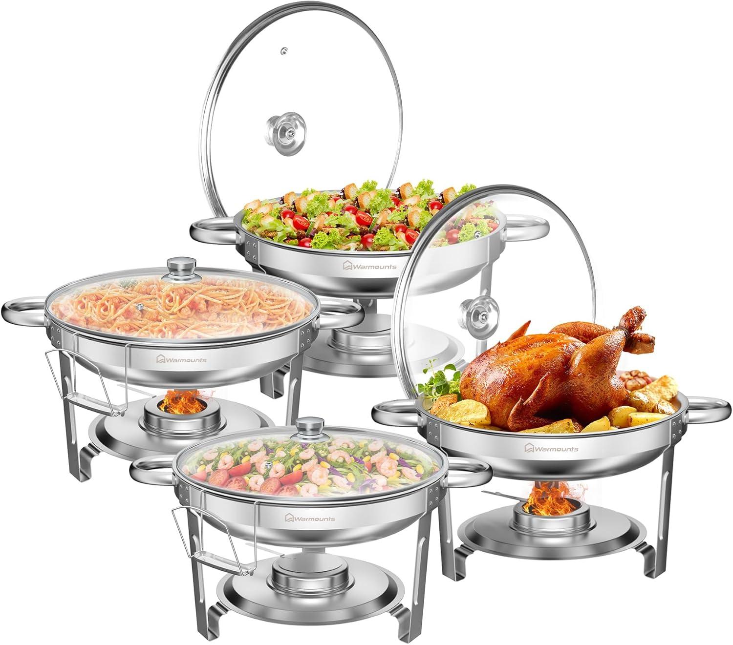 Warmounts 5QT  4-Pack Round Chafing Dish Buffet Set Food Warmer with Glass Lids & Holders