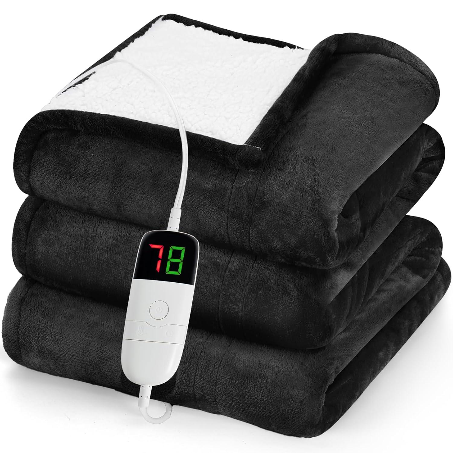 greenoak Heated Blanket Electric Throw 50"X60", Heating Blanket with 10 Heat Levels 1/2/4/6/8 Hours Auto-Off Overheat Protection, Flannel Sherpa Soft Warm Heater, ETL Certified Lacquered Black
