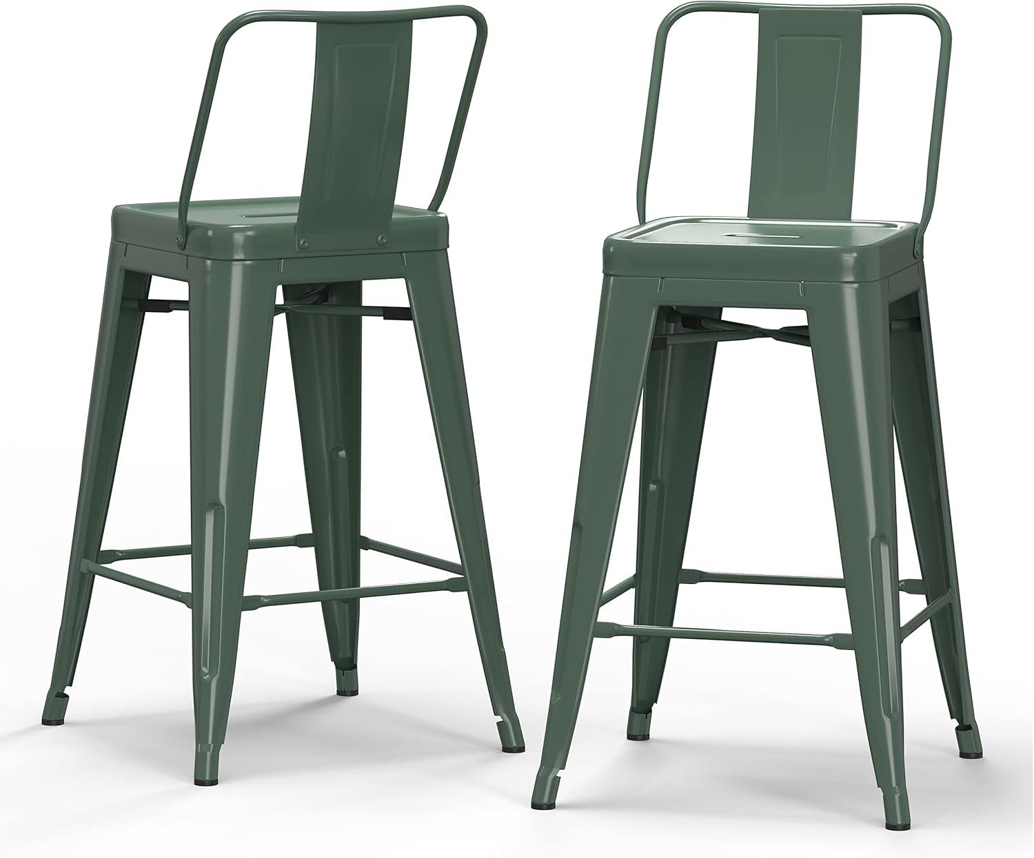 Simpli Home Rayne Metal Industrial Stool with Curved Back, Cross-Brace, and Footrest