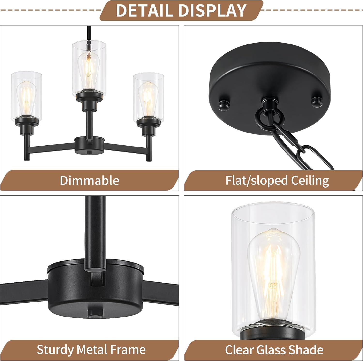 Black Chandelier for Dinning Room Living Room Island Kitchen Chandelier Light Fixtures Over Table, 3 Light Farmhouse Chandelier with Cylinder Clear Glass, Height Adjustable