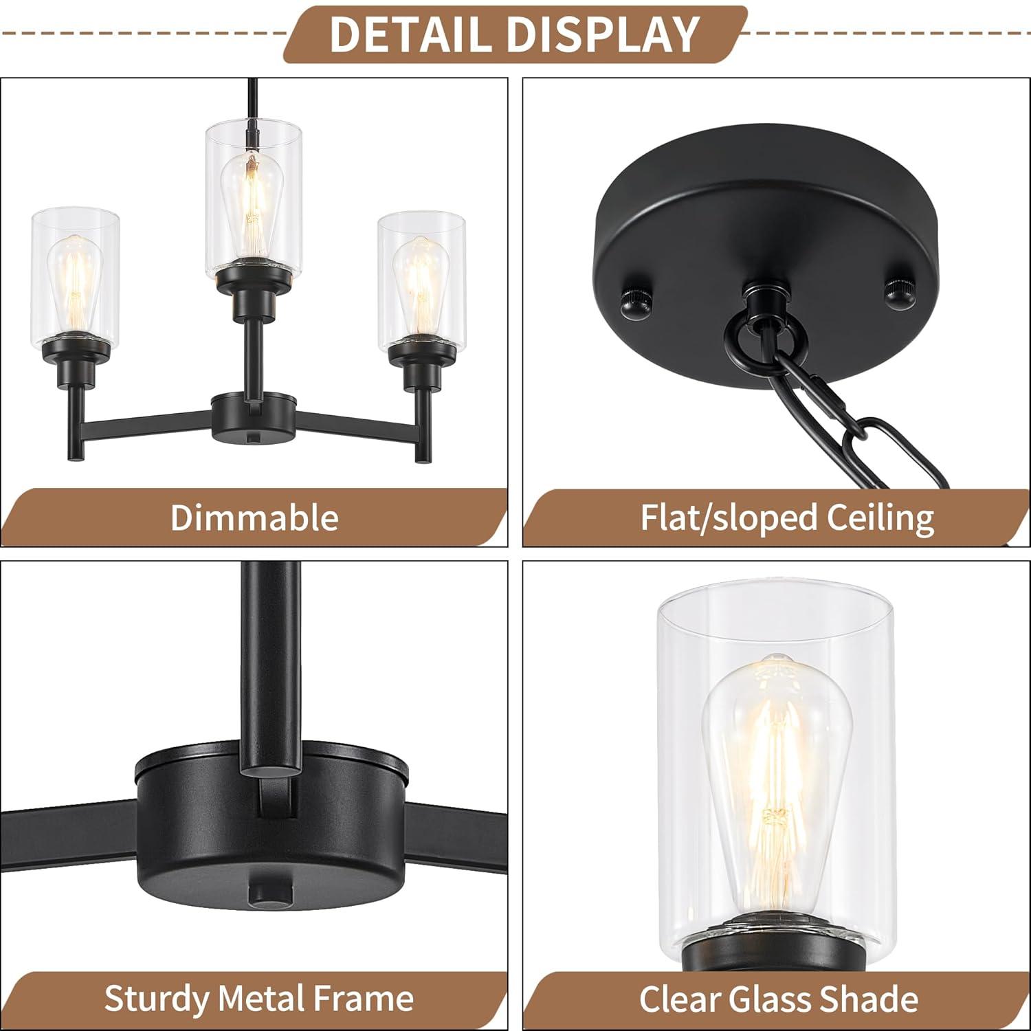 Black Chandelier for Dinning Room Living Room Island Kitchen Chandelier Light Fixtures Over Table, 3 Light Farmhouse Chandelier with Cylinder Clear Glass, Height Adjustable