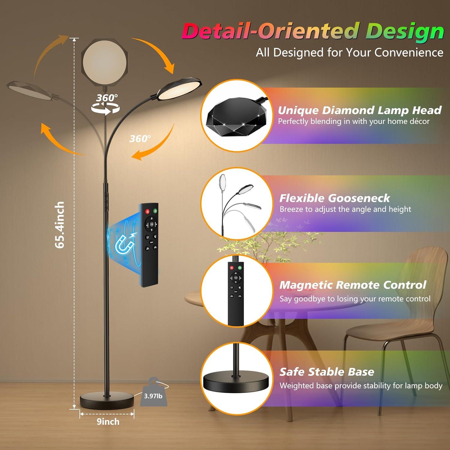 Floor Lamp, 18W Bright LED Floor Lamps for Living Room with Diamond-Surface, Stepless Adjustable Colors & Dimmer Standing Lamp with Timer, Remote & Touch Control, Reading Lights for Bedroom, Office