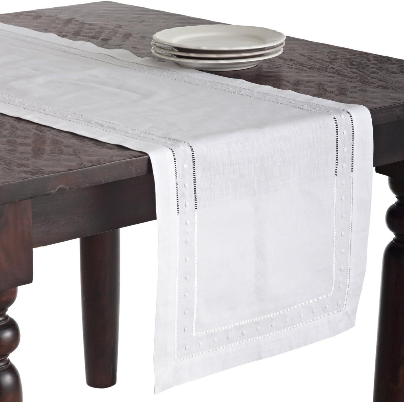 White Cotton Linen Embroidered Hemstitch Table Runner