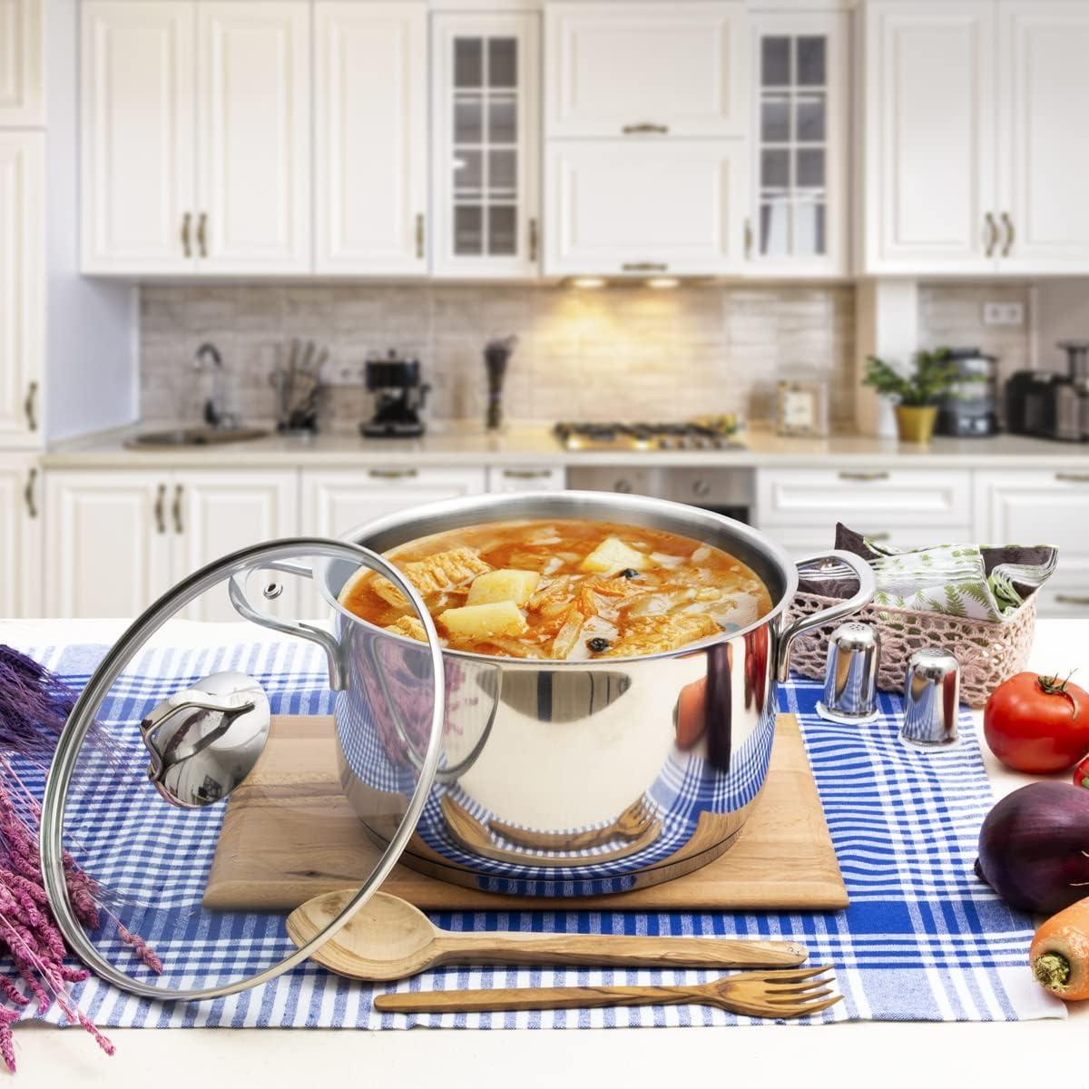 Serenk Serenk Modernist Stainless Steel 7-8-9 Inch Stock Pot, Large Cooking Pot with Lid for Soup, Stews, and Stock, Shiny, Professional Kitchen Essential (9.45in) (Set of 2)