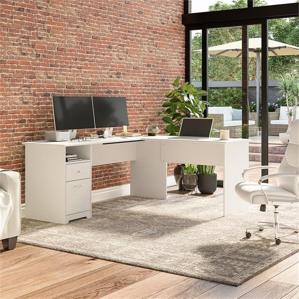 Cabot 72W L Shaped Computer Desk with File in White - Engineered Wood