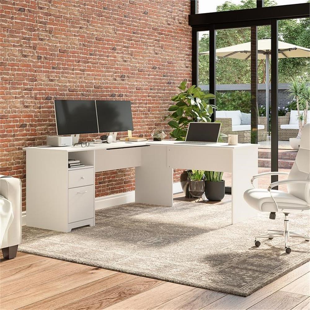 Cabot 72W L Shaped Computer Desk with File in White - Engineered Wood